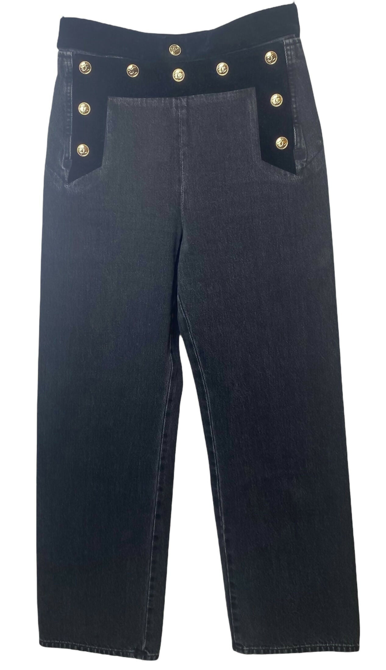 Chanel 20C Washed black velvet-trimmed cotton denim sailor boyfriend jeans FR 36