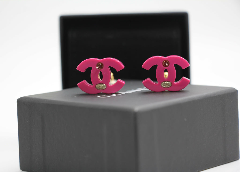 Chanel 2018 Resin Silver Glitter Pink Stud Earrings