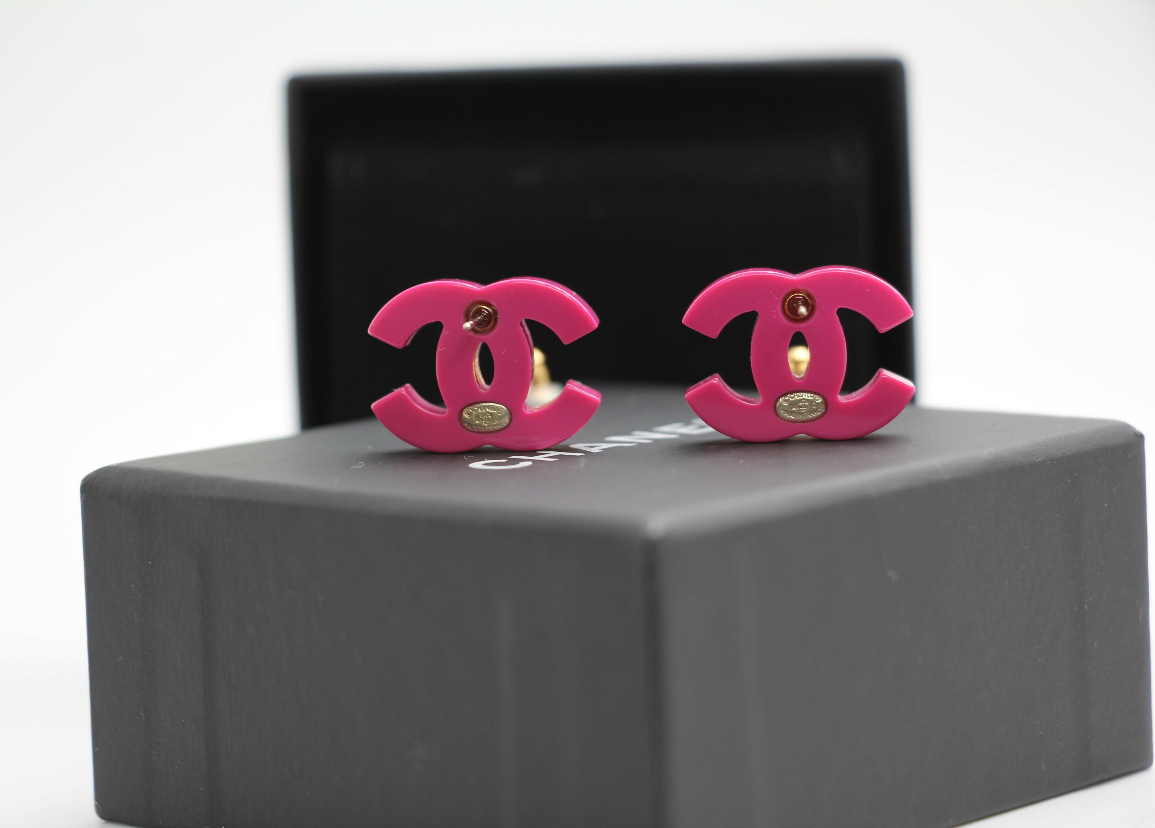 Chanel 2018 Resin Silver Glitter Pink Stud Earrings