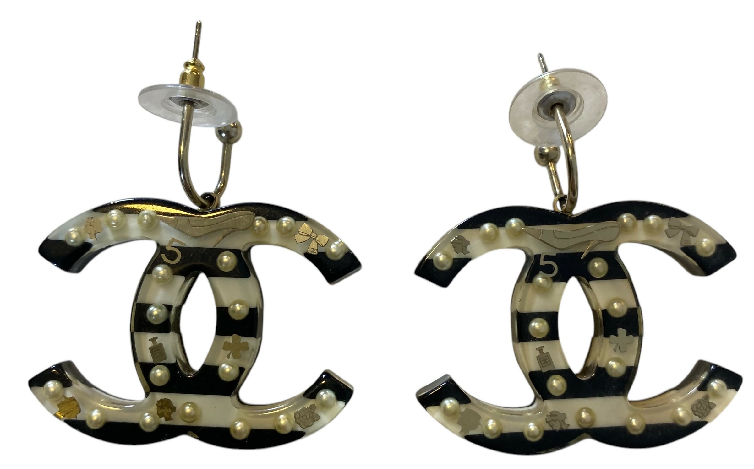 Rare Chanel 05A Oversized Large Black White Striped Resin Pearl Enamel CC Earrings