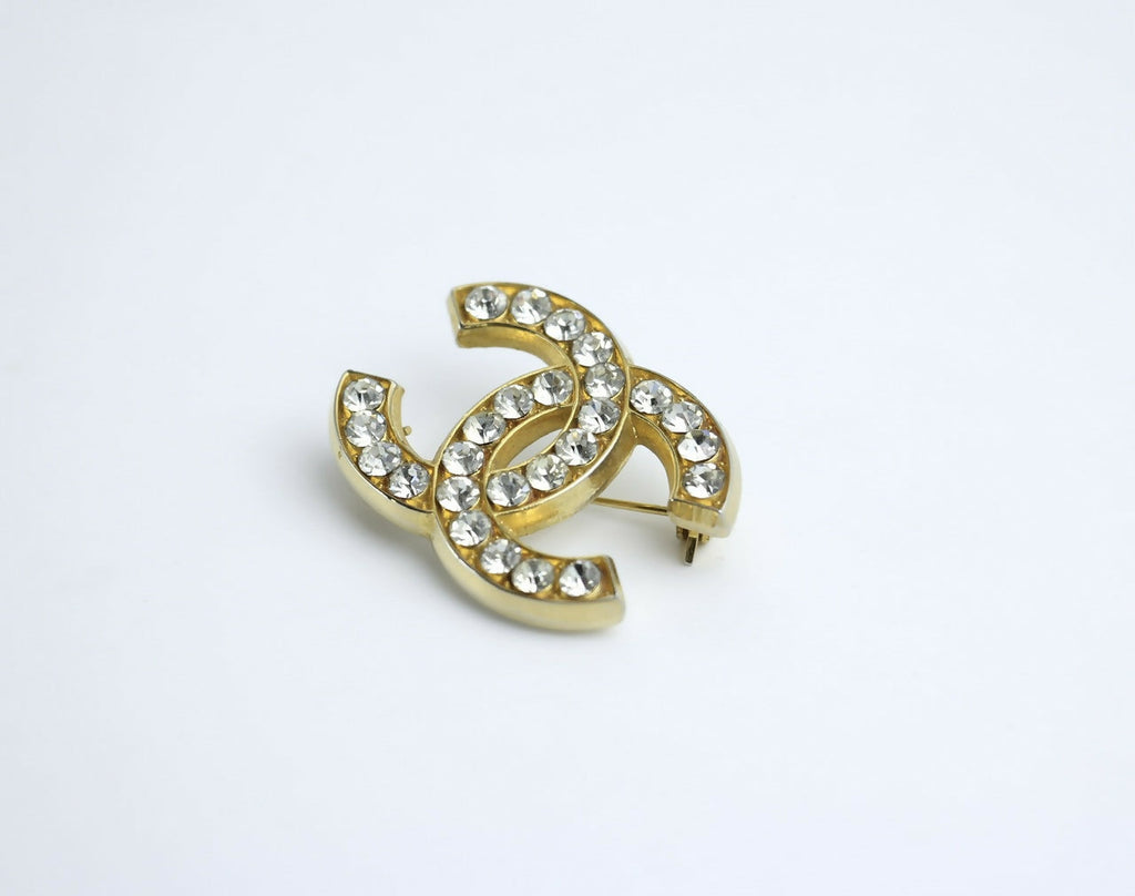 Chanel Vintage 1954-71 Rhinestone Gold-plated CC Logo Brooch