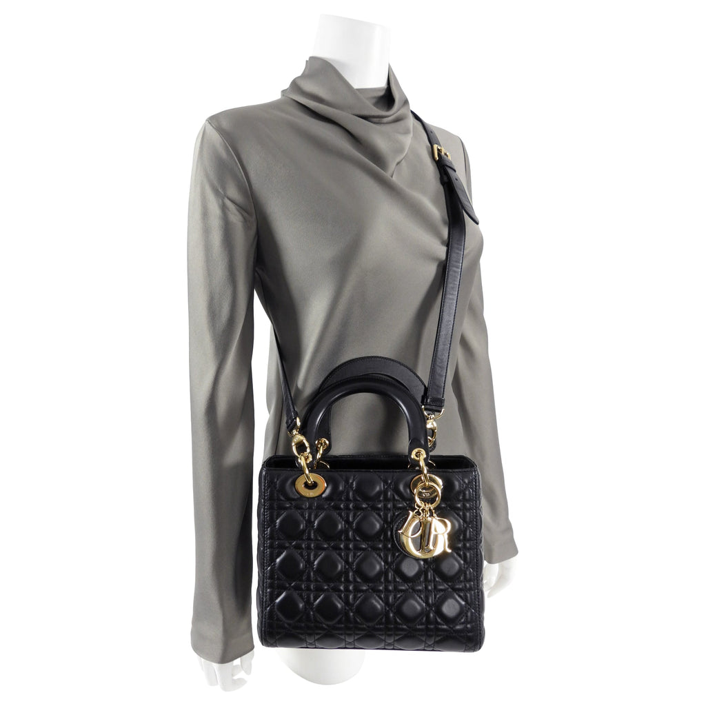Dior Lady Dior Medium Black Lambskin Cannage Crossbody Bag
