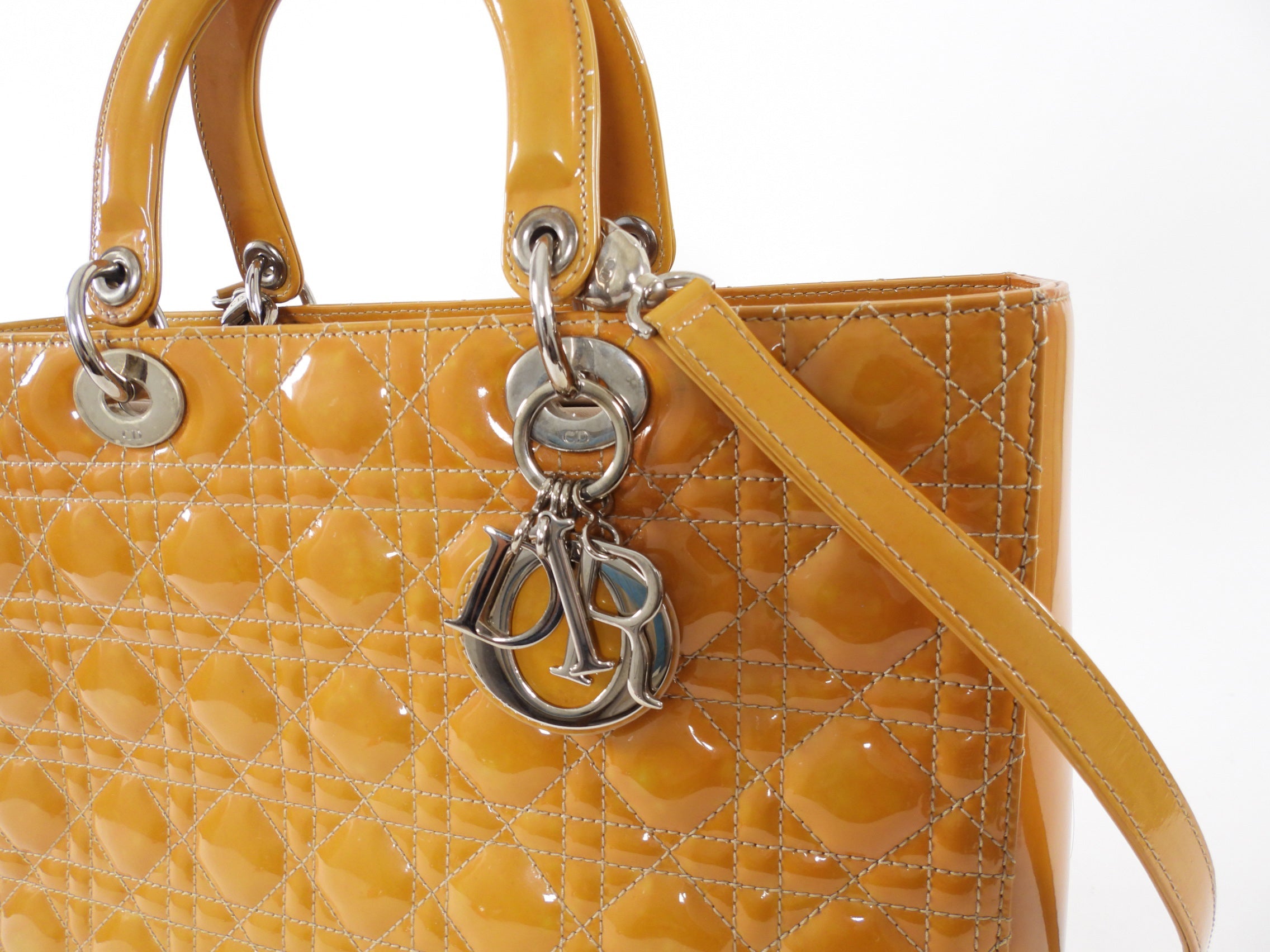 Christian Dior Vintage Large Mustard Patent Cannage Lady Dior SHW