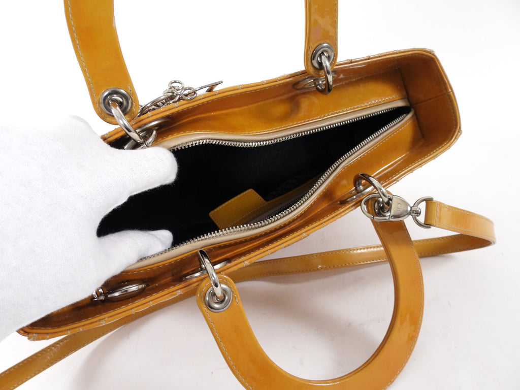 Christian Dior Vintage Large Mustard Patent Cannage Lady Dior SHW