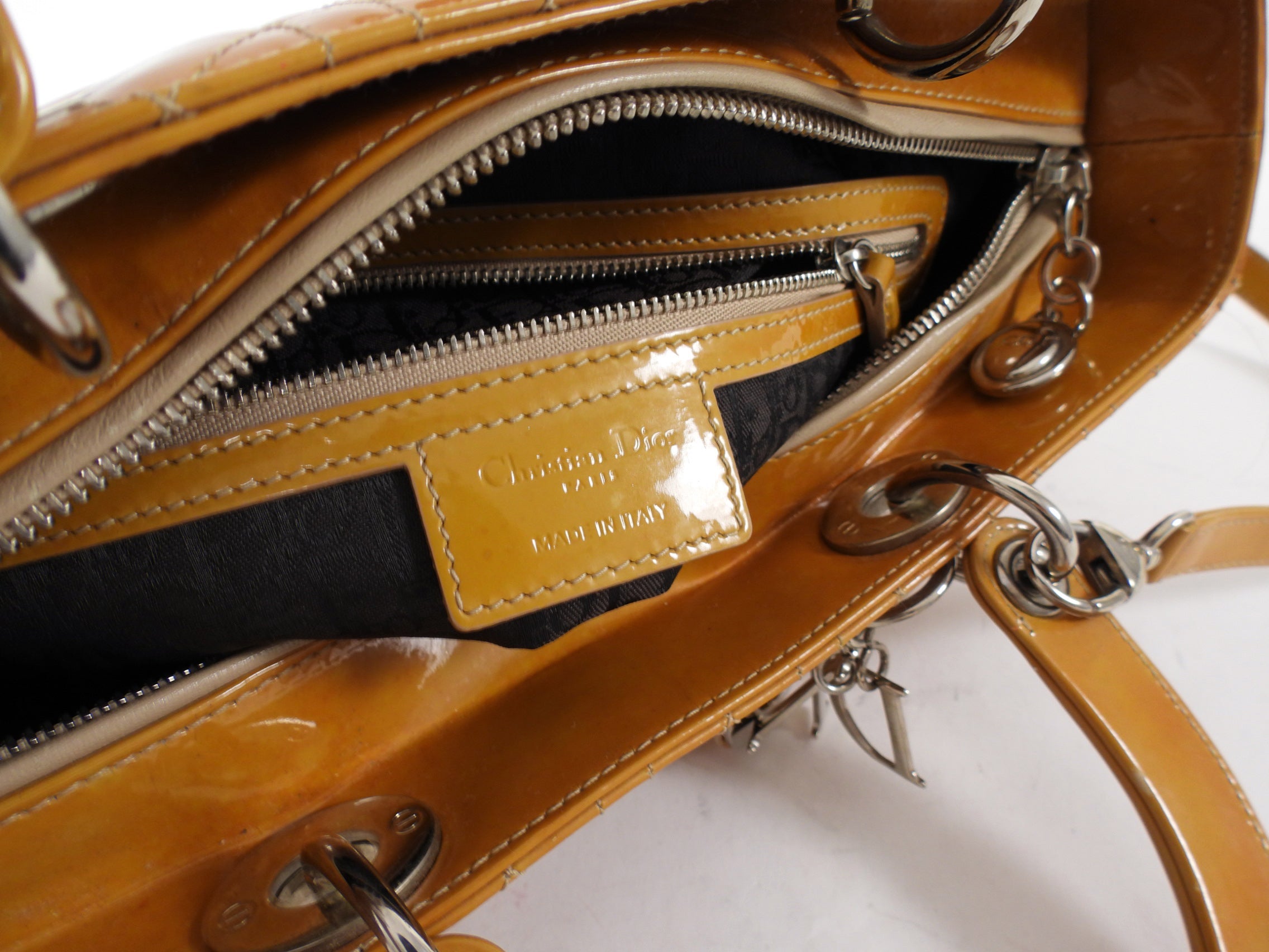 Christian Dior Vintage Large Mustard Patent Cannage Lady Dior SHW