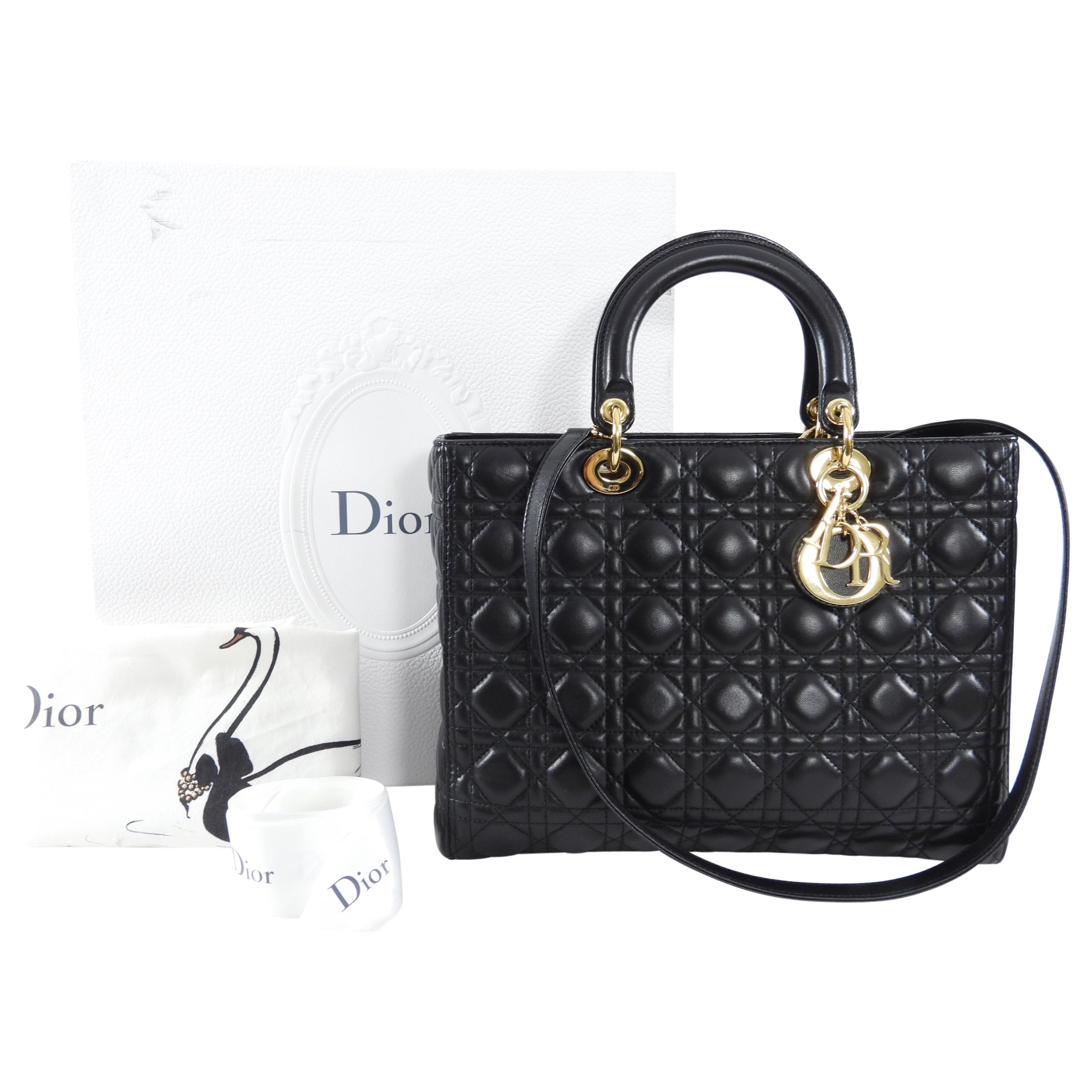 Dior Lady Dior Large Black Lambskin Cannage Tote Bag