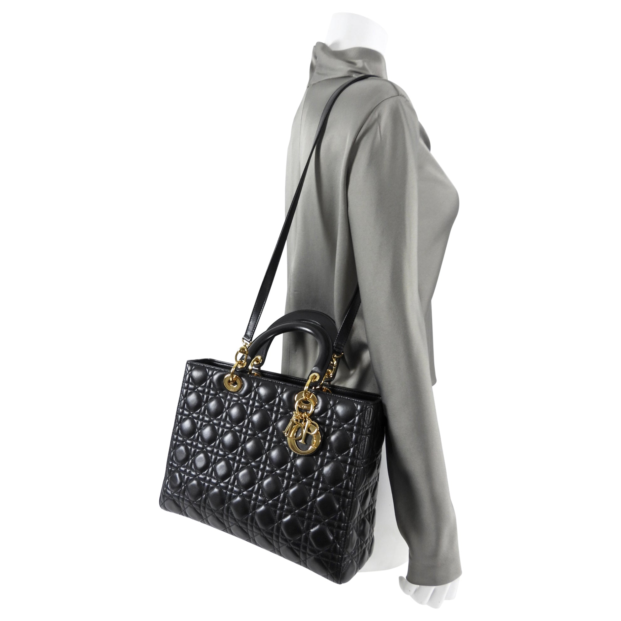 Dior Lady Dior Large Black Lambskin Cannage Tote Bag