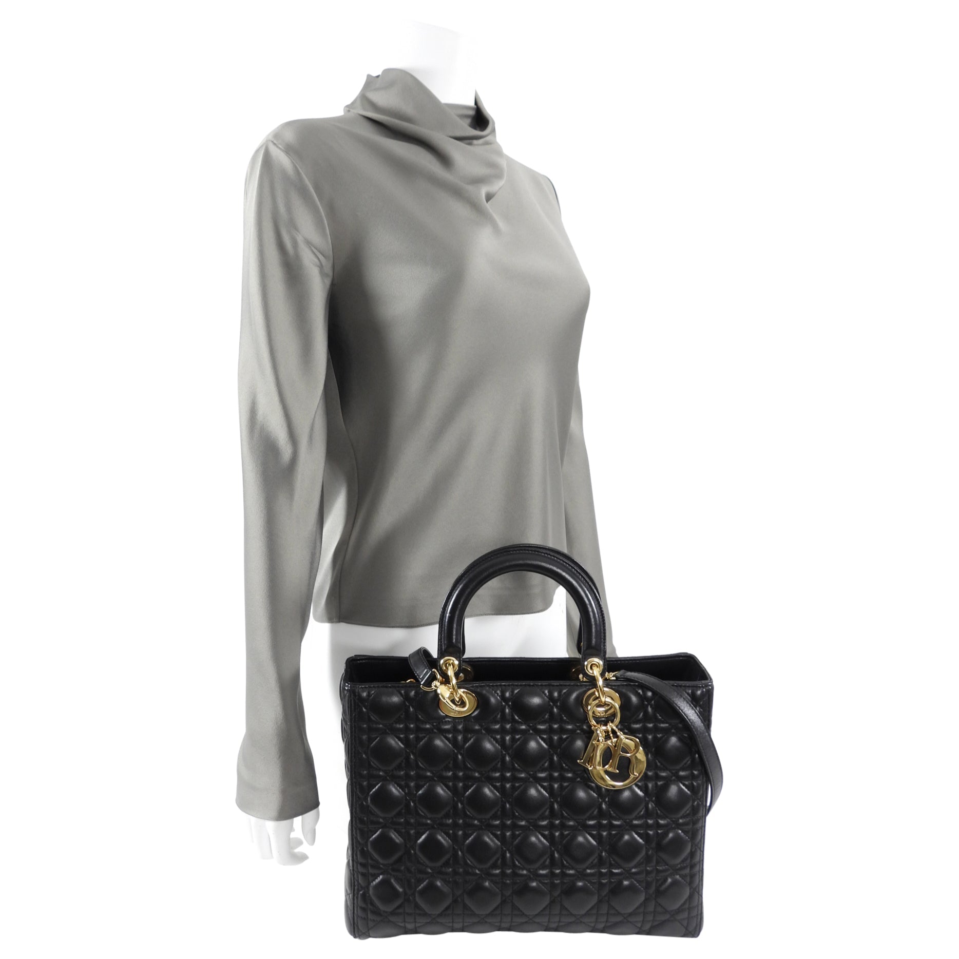 Dior Lady Dior Large Black Lambskin Cannage Tote Bag