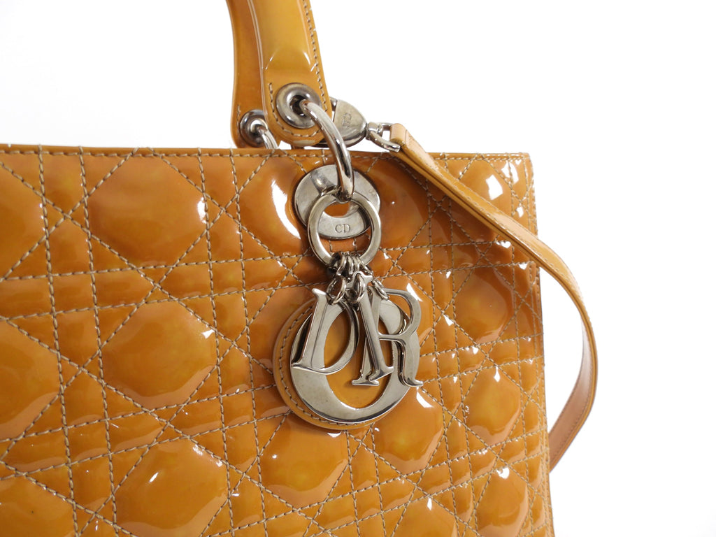 Christian Dior Vintage Large Mustard Patent Cannage Lady Dior SHW