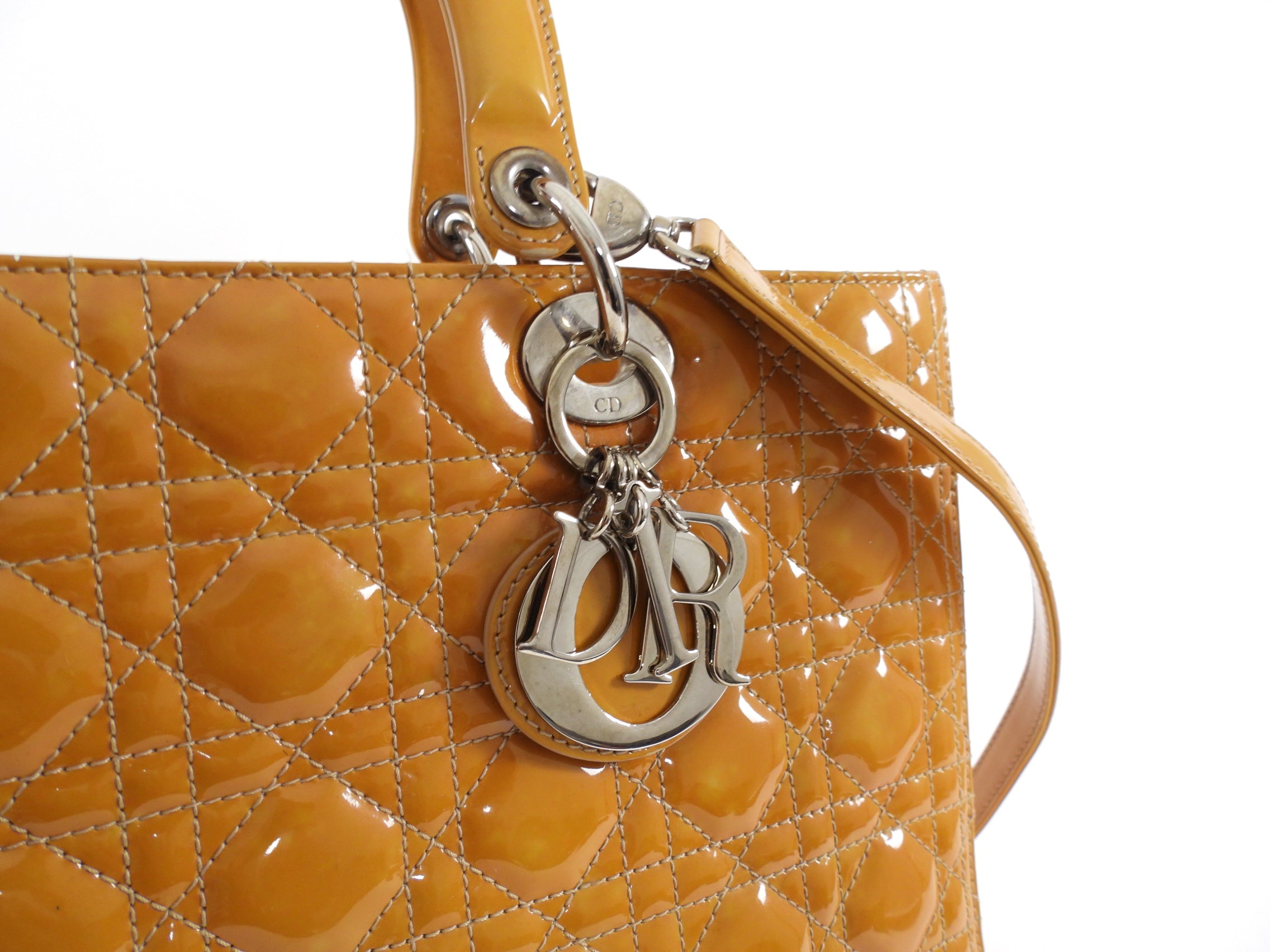 Christian Dior Vintage Large Mustard Patent Cannage Lady Dior SHW