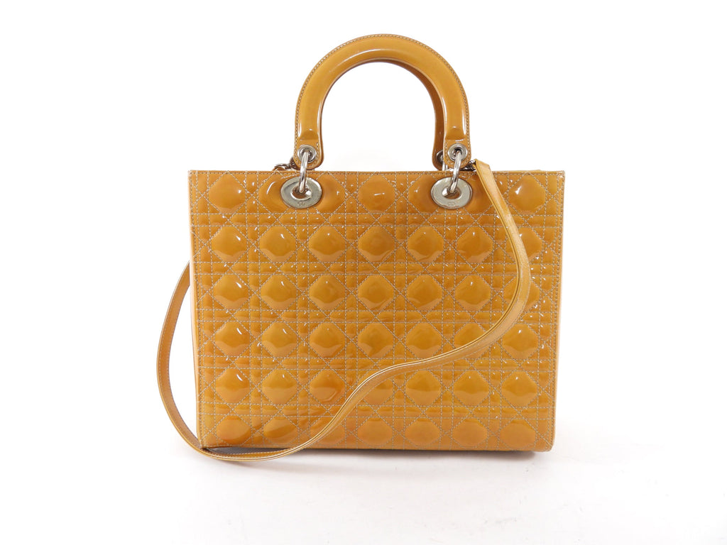 Christian Dior Vintage Large Mustard Patent Cannage Lady Dior SHW