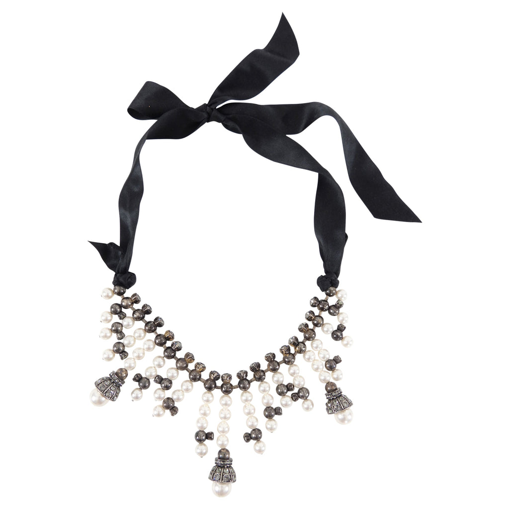 Lanvin Faux Pearl Ribbon Crystal Fringe Statement Necklace
