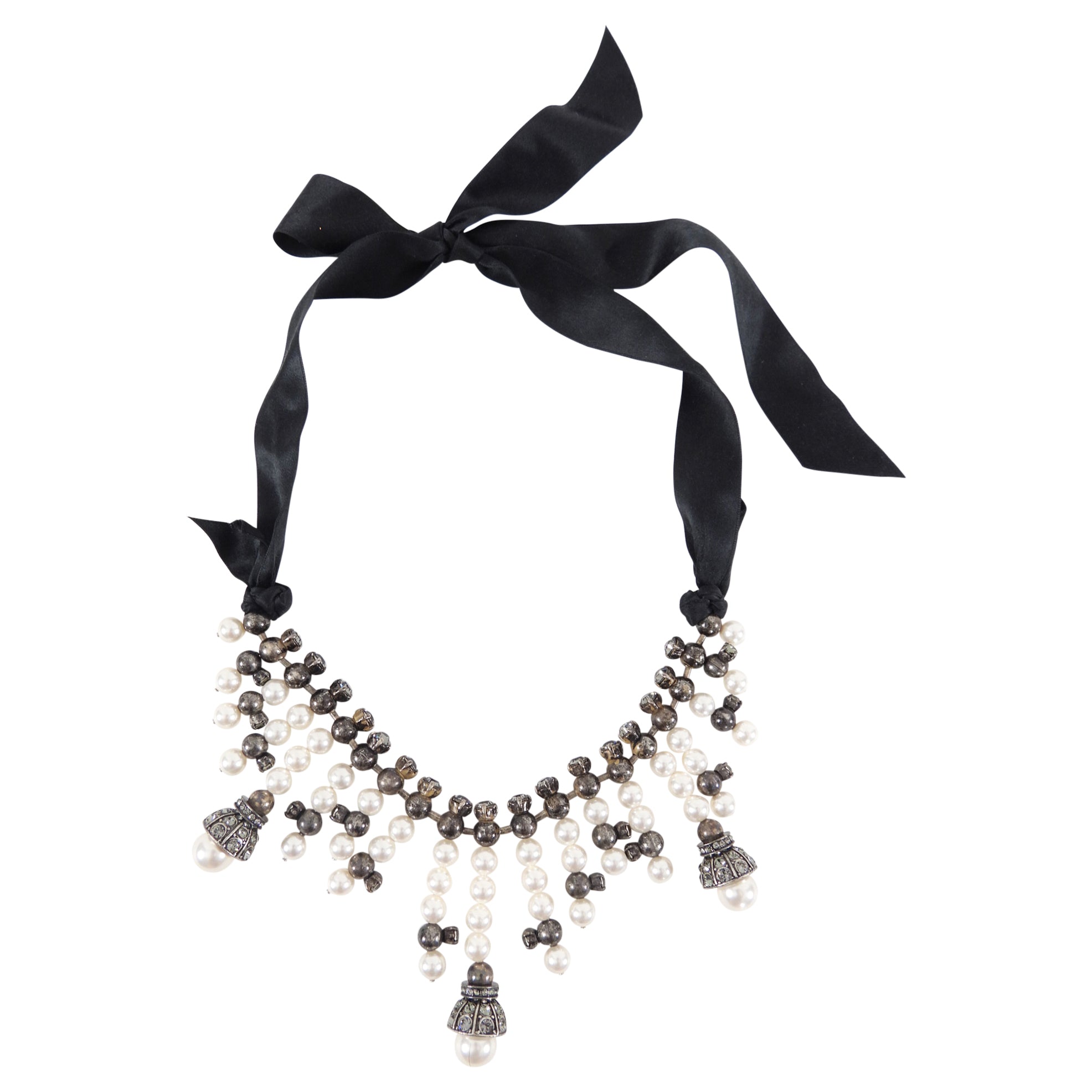 Lanvin Faux Pearl Ribbon Crystal Fringe Statement Necklace