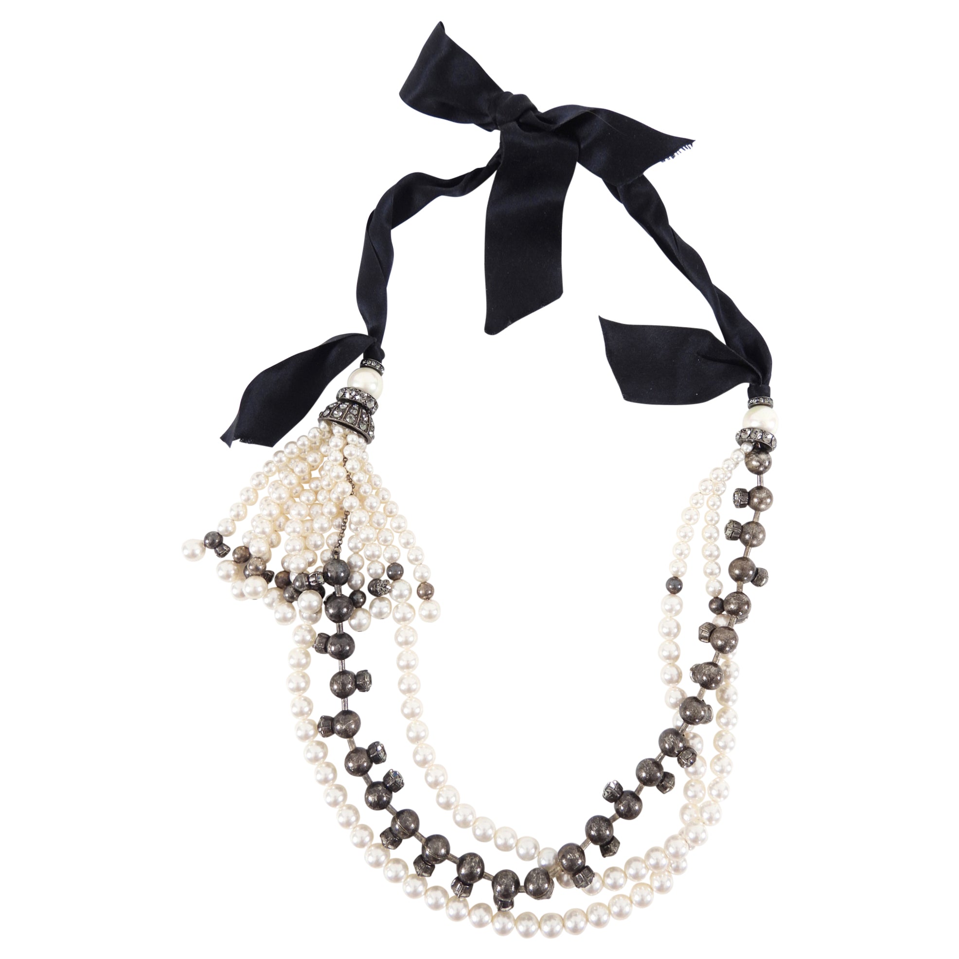 Lanvin Long Triple Strand Fringe Faux Pearl Ribbon Necklace