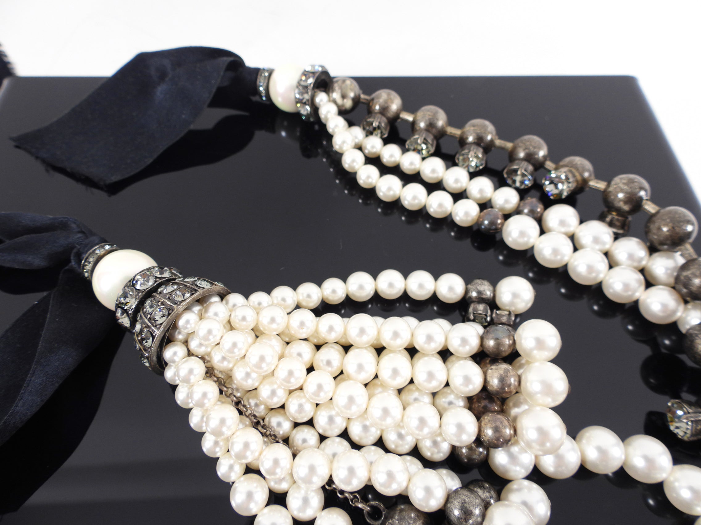 Lanvin Long Triple Strand Fringe Faux Pearl Ribbon Necklace