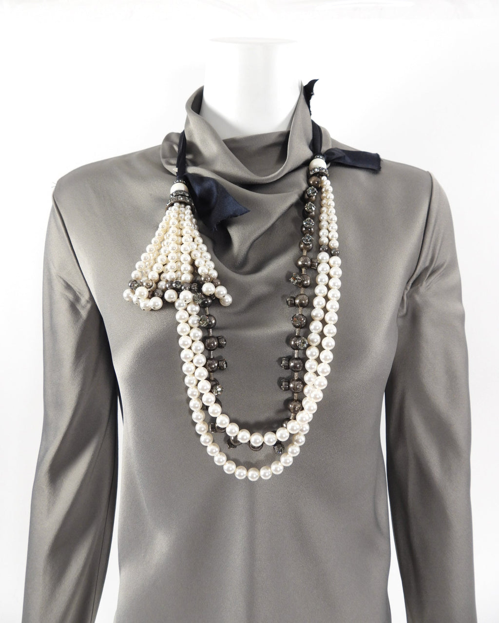 Lanvin Long Triple Strand Fringe Faux Pearl Ribbon Necklace