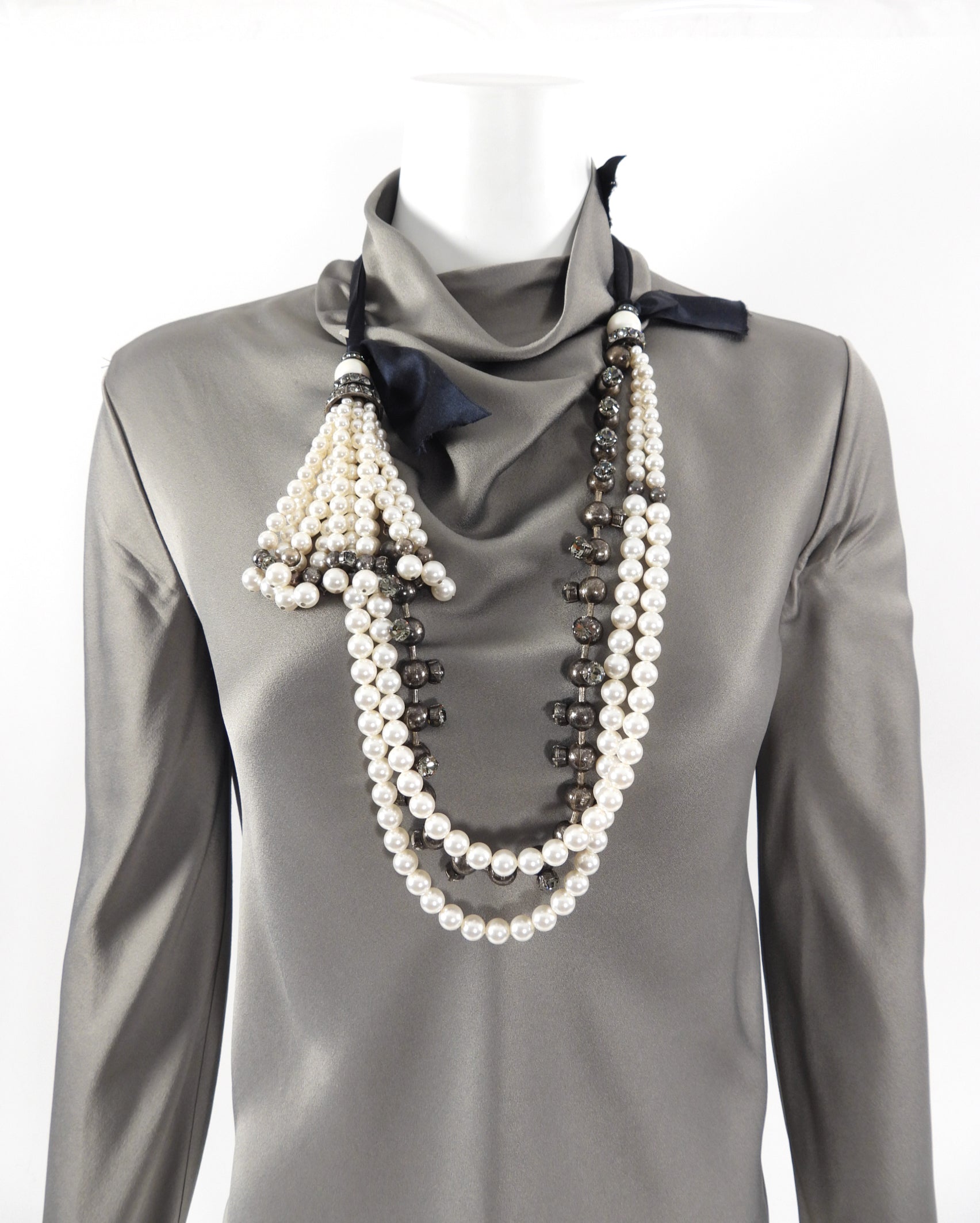 Lanvin Long Triple Strand Fringe Faux Pearl Ribbon Necklace
