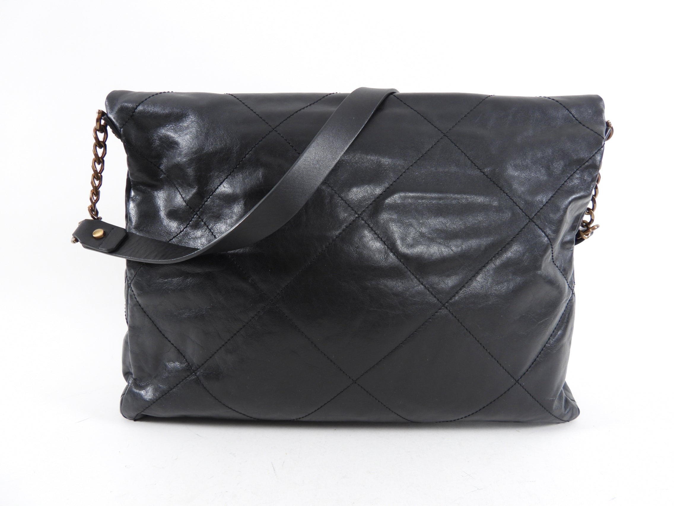Lanvin Black Leather Messenger Fold Over Tote Bag