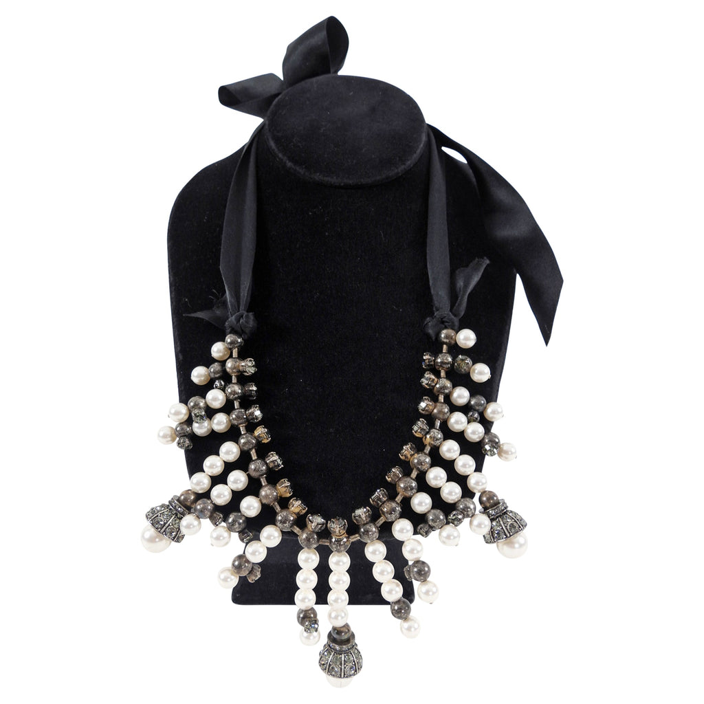 Lanvin Faux Pearl Ribbon Crystal Fringe Statement Necklace