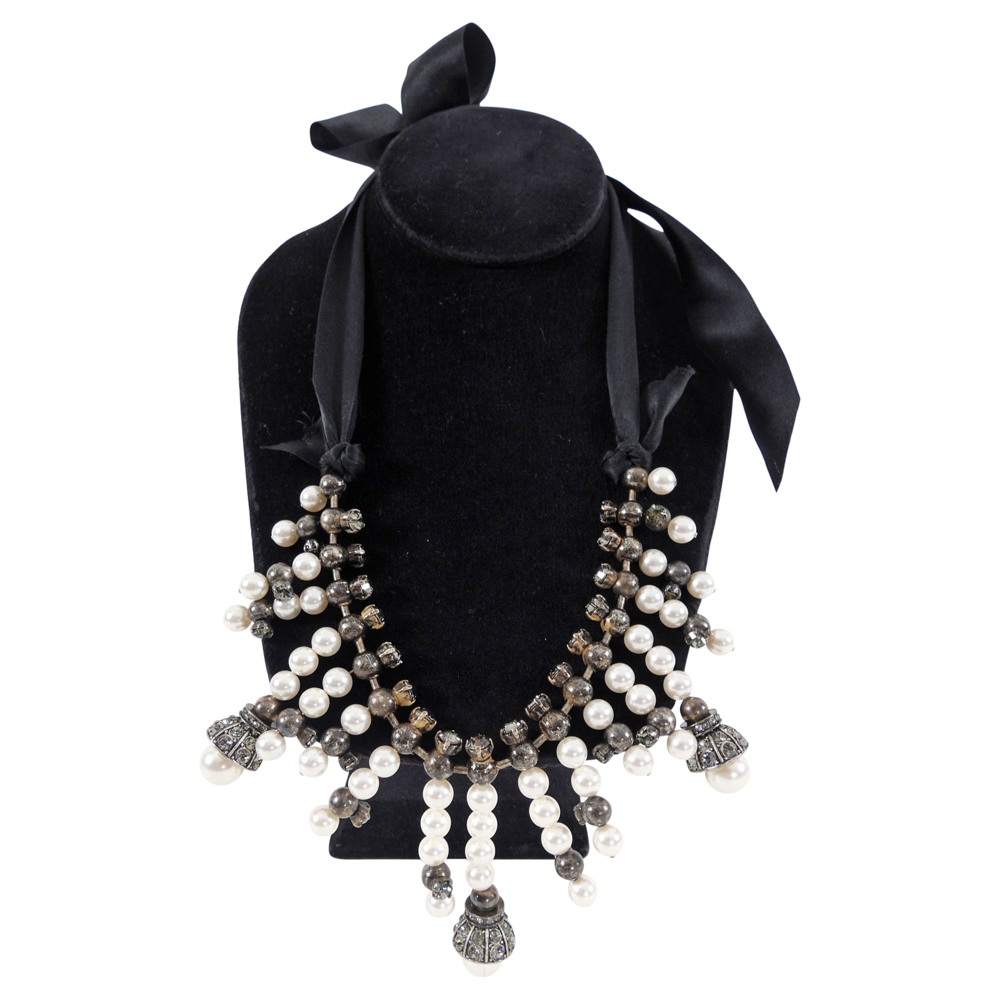 Lanvin Faux Pearl Ribbon Crystal Fringe Statement Necklace