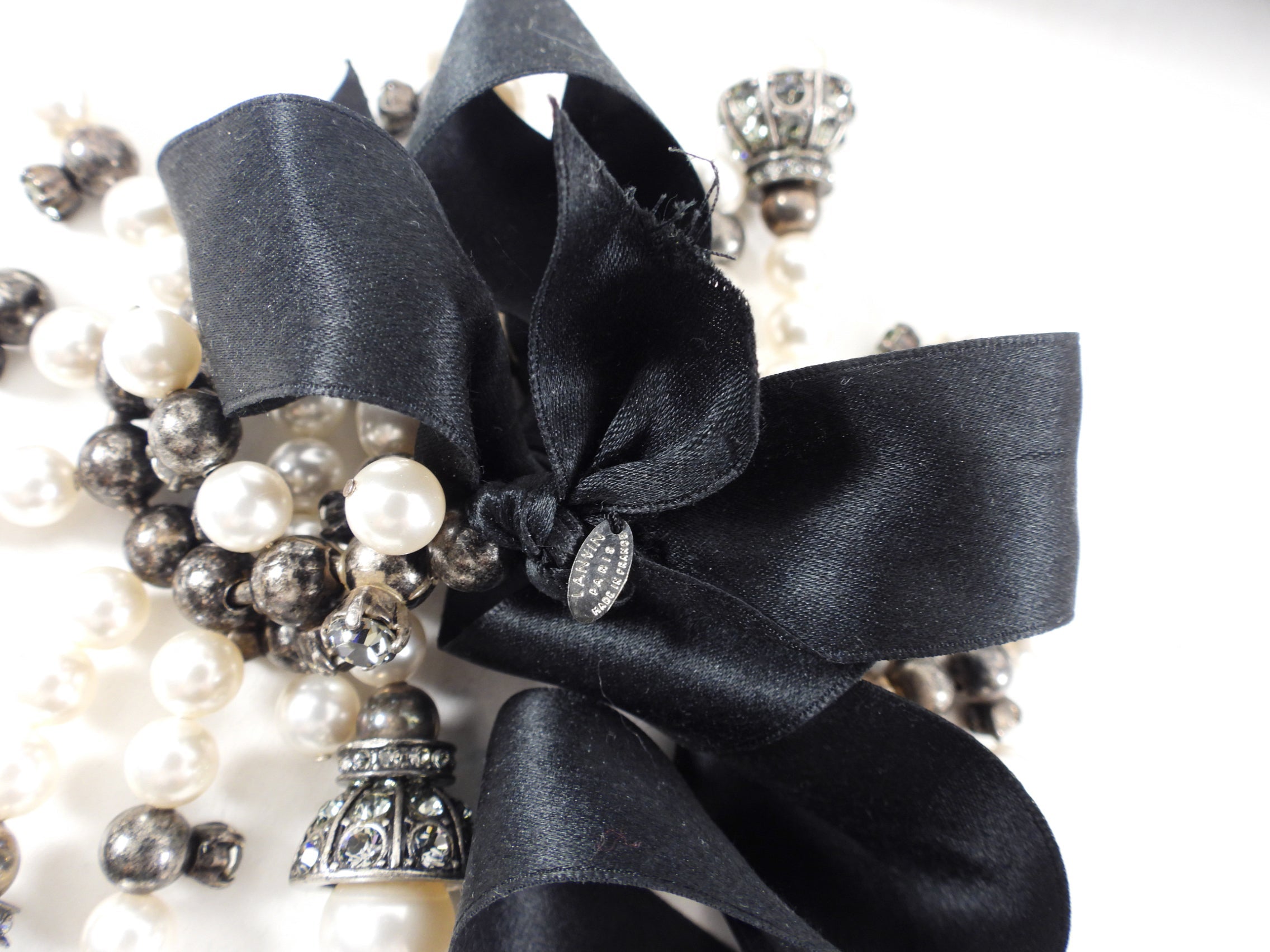 Lanvin Faux Pearl Ribbon Crystal Fringe Statement Necklace
