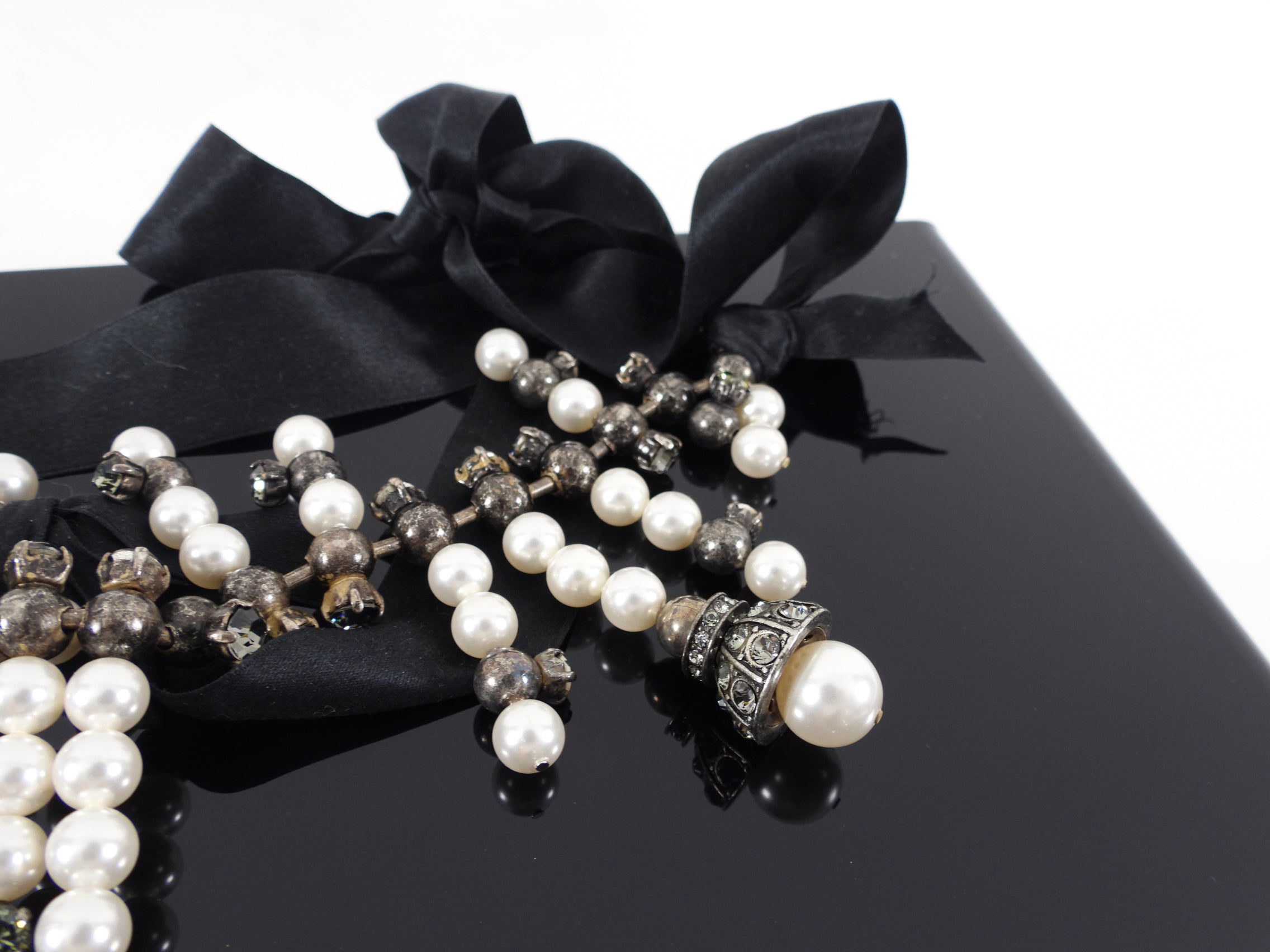 Lanvin Faux Pearl Ribbon Crystal Fringe Statement Necklace