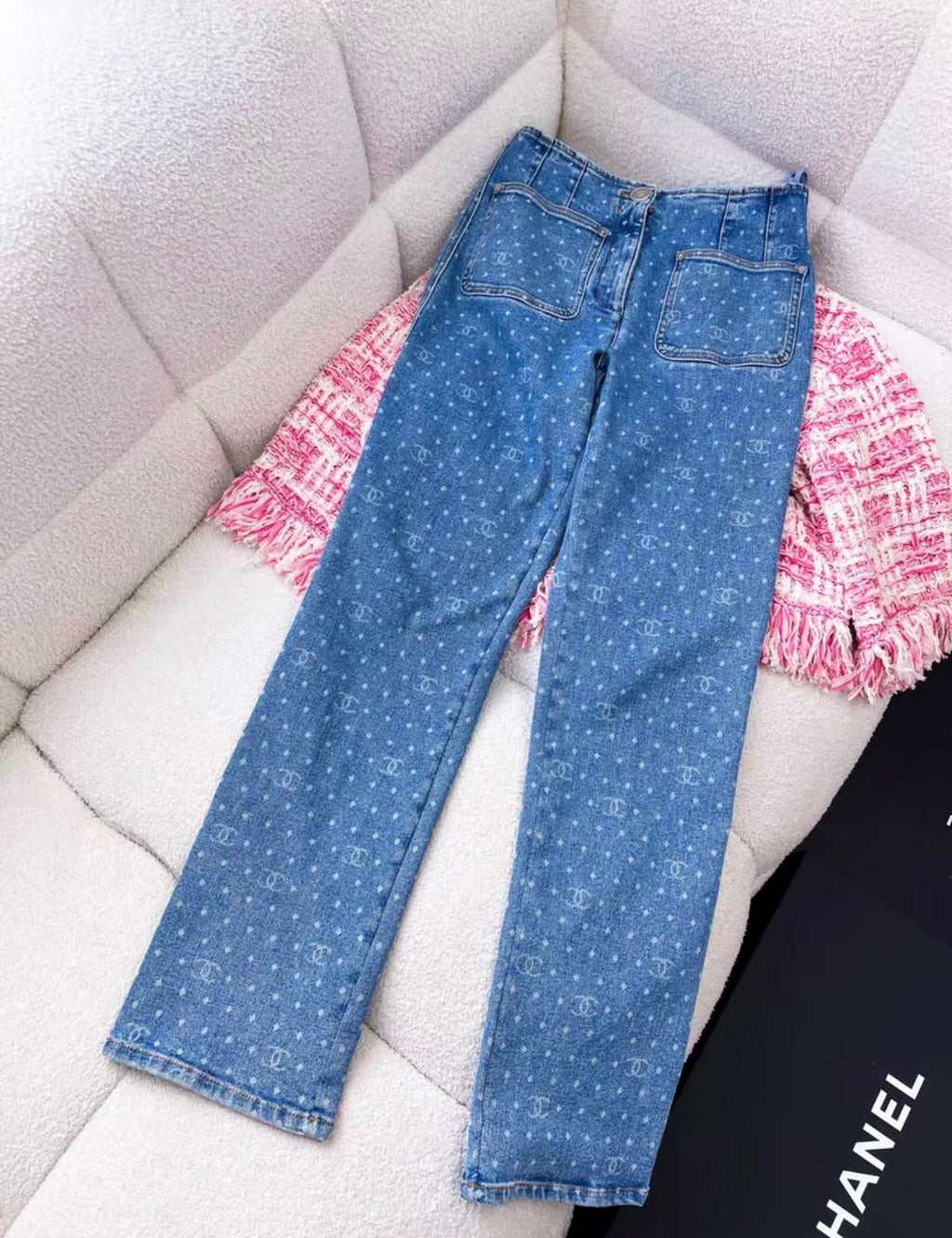 Chanel 23A blue denim polka dots cc logo