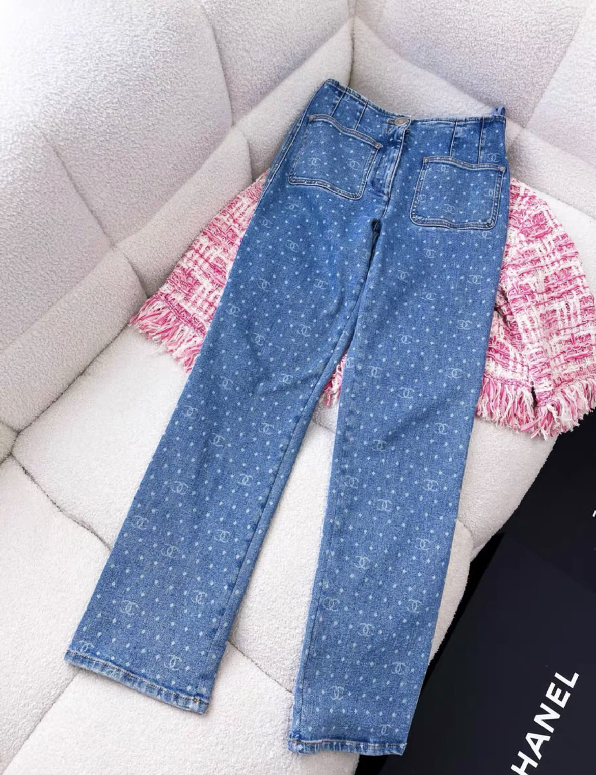 Chanel 23A blue denim polka dots cc logo