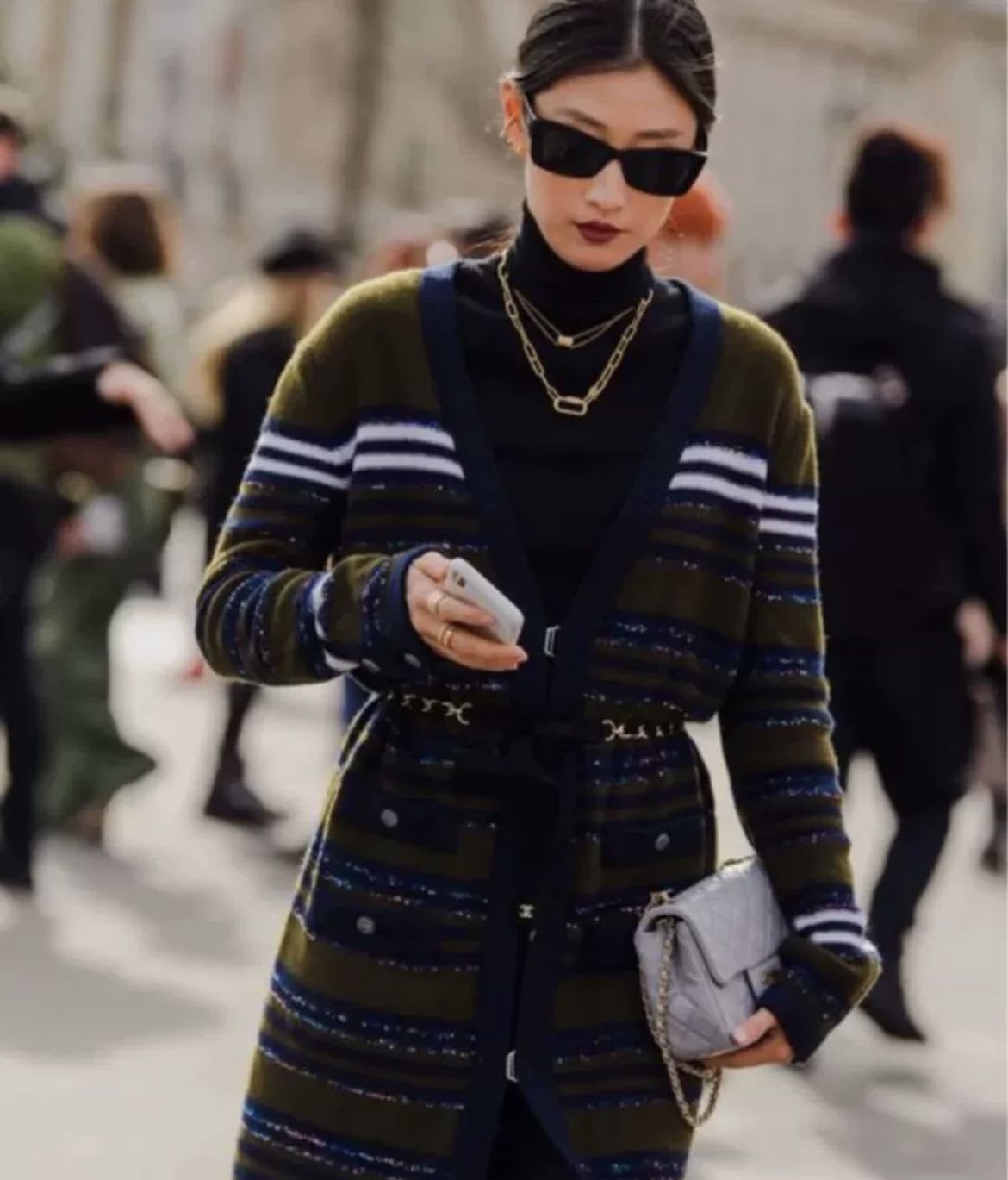 Chanel 20A dark green and blue knitted striped long igan