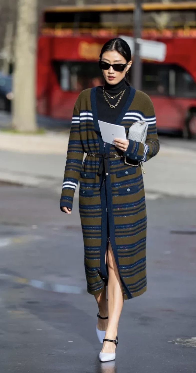 Chanel 20A dark green and blue knitted striped long igan