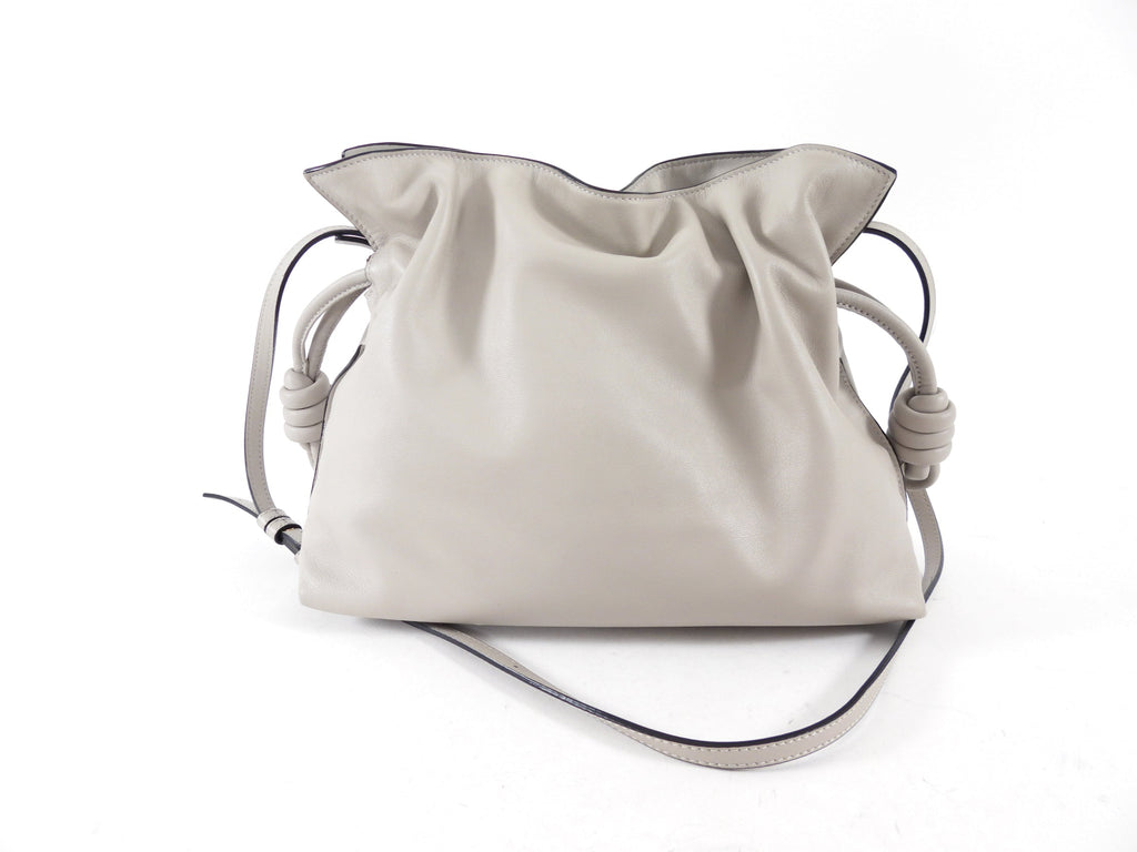 Loewe Light Grey Leather Flamenco Knot Medium Drawstring Bag