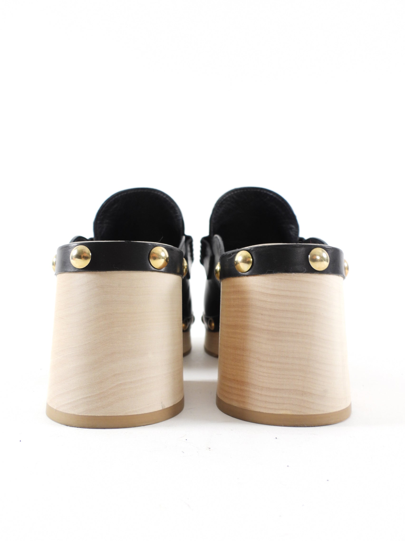 Longchamp Black Leather and Wood Clog Mules - 40