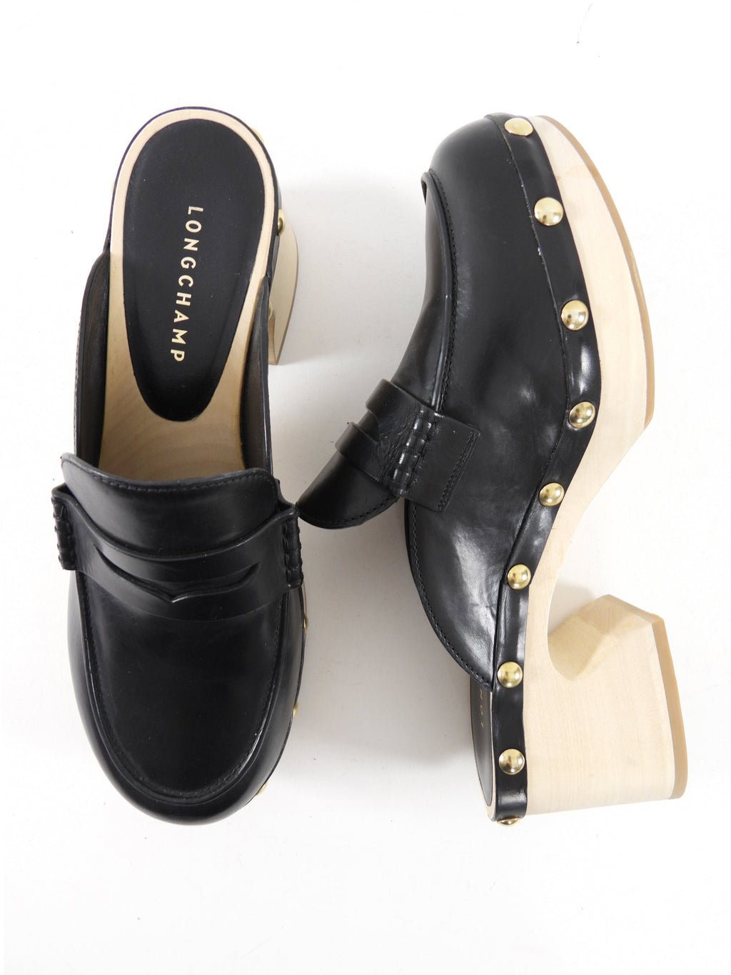 Longchamp Black Leather and Wood Clog Mules - 40