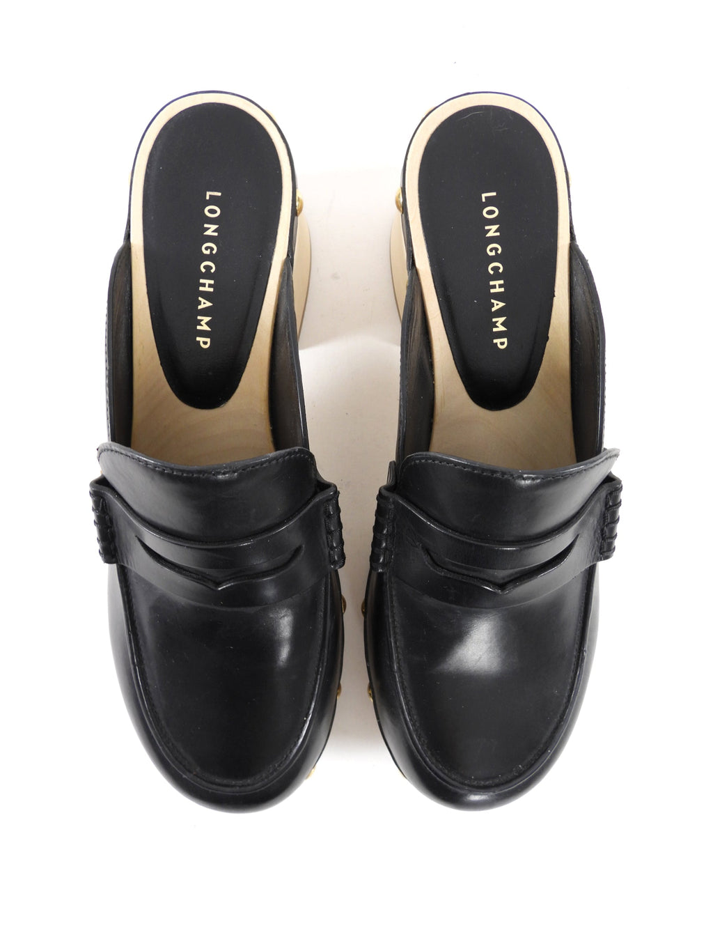 Longchamp Black Leather and Wood Clog Mules - 40