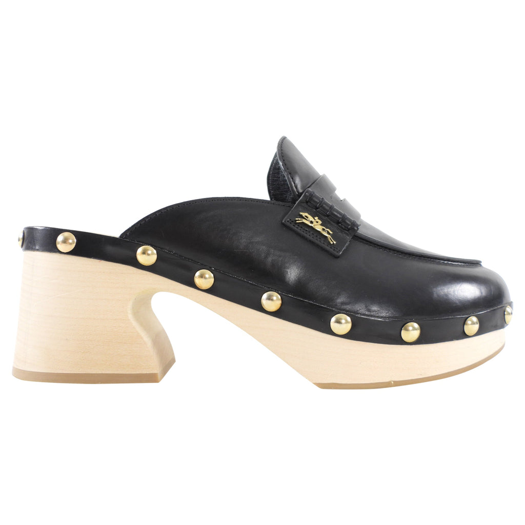 Longchamp Black Leather and Wood Clog Mules - 40