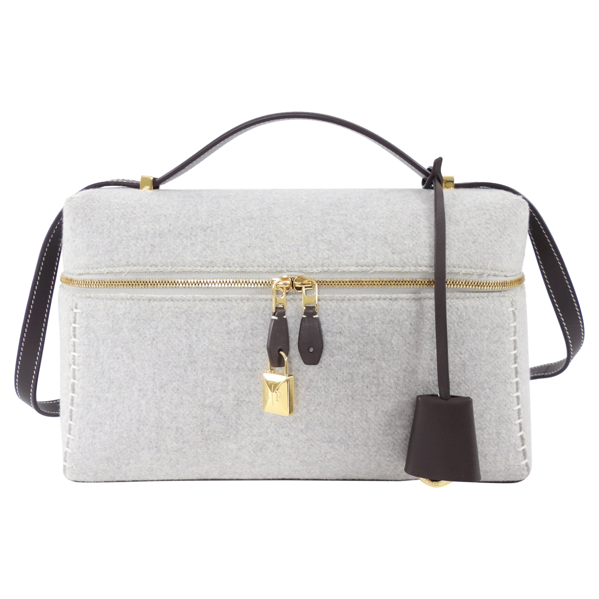 Loro Piana Extra L27 Grey Cashmere and Dark Brown Leather Zip Bag