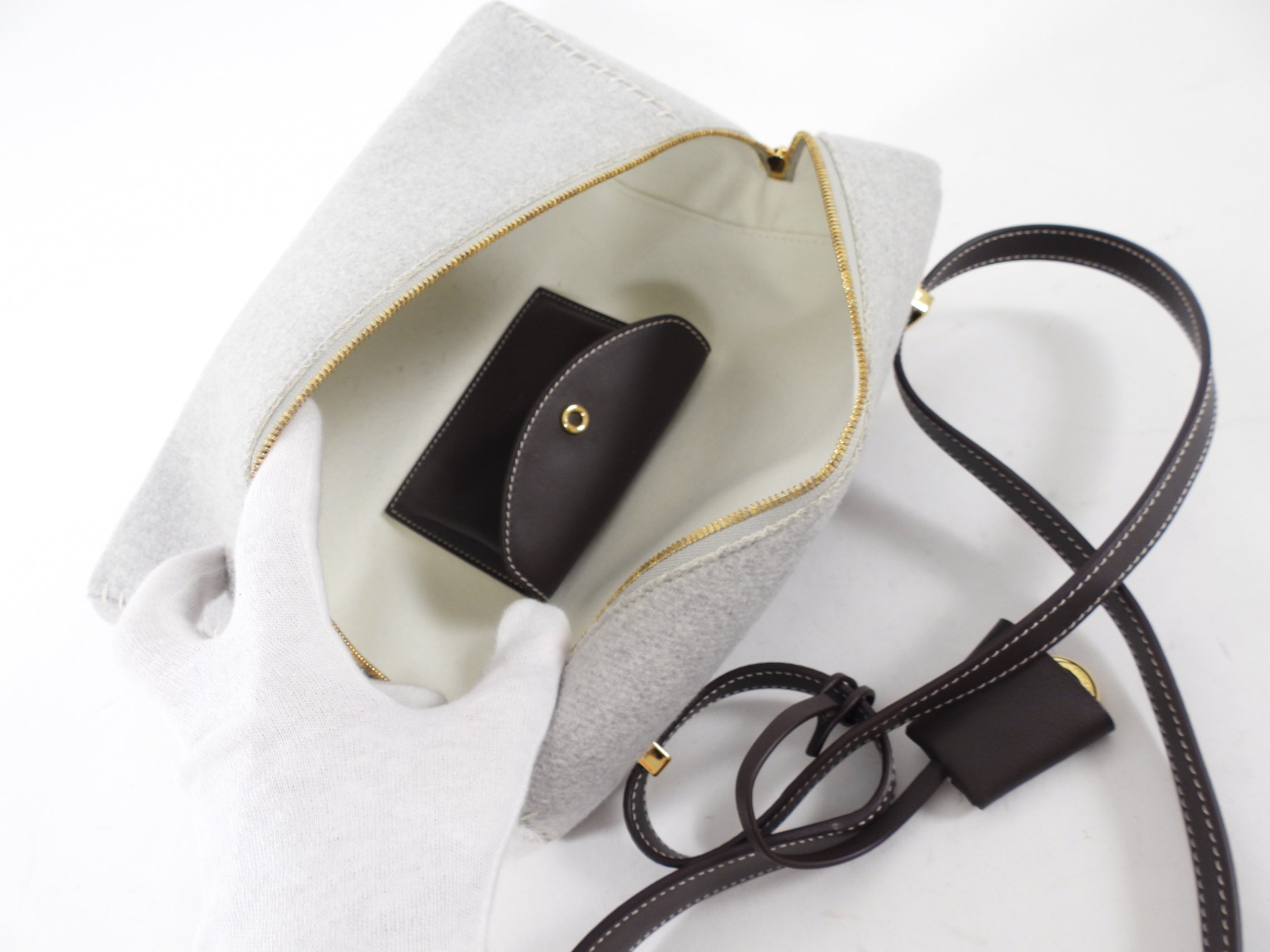 Loro Piana Extra L27 Grey Cashmere and Dark Brown Leather Zip Bag