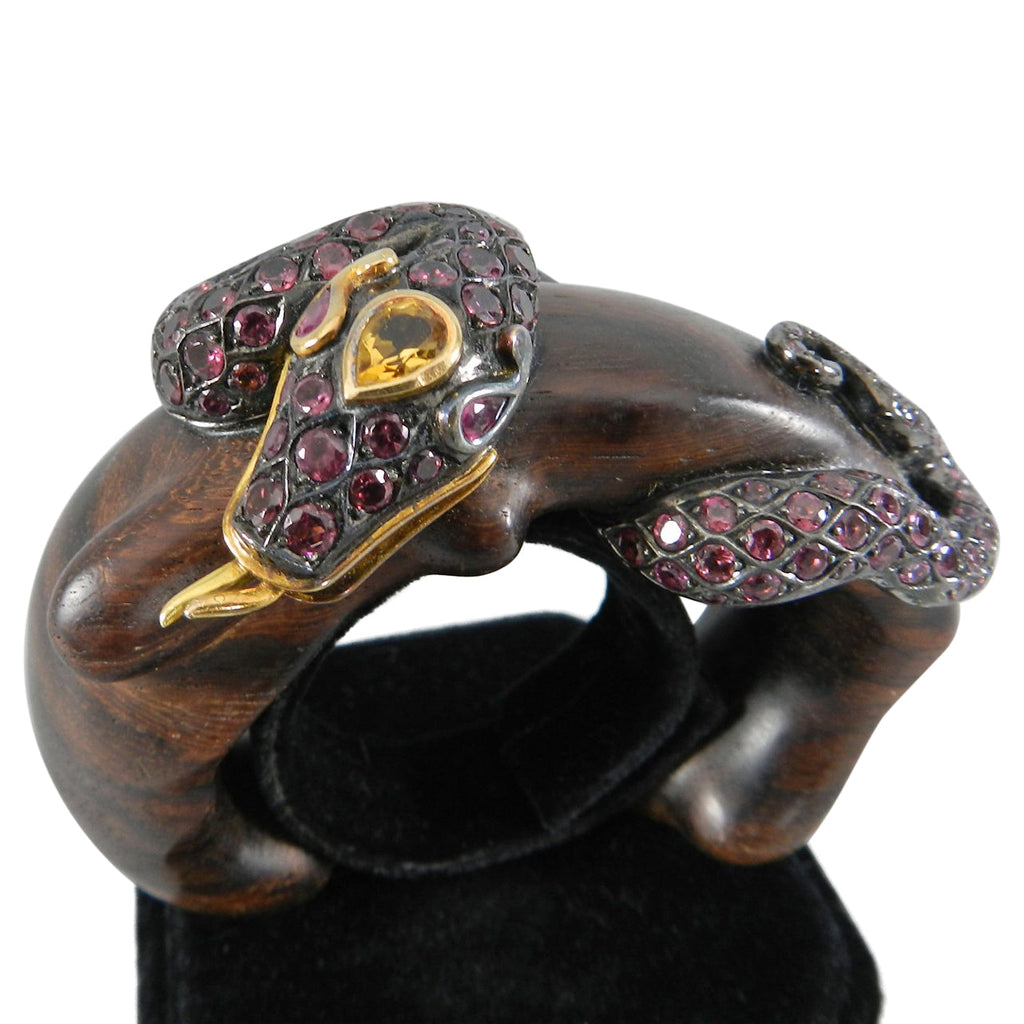 Lotus Arts de Vivre Gold, Pink Sapphire and Ebony Snake Cuff Bracelet