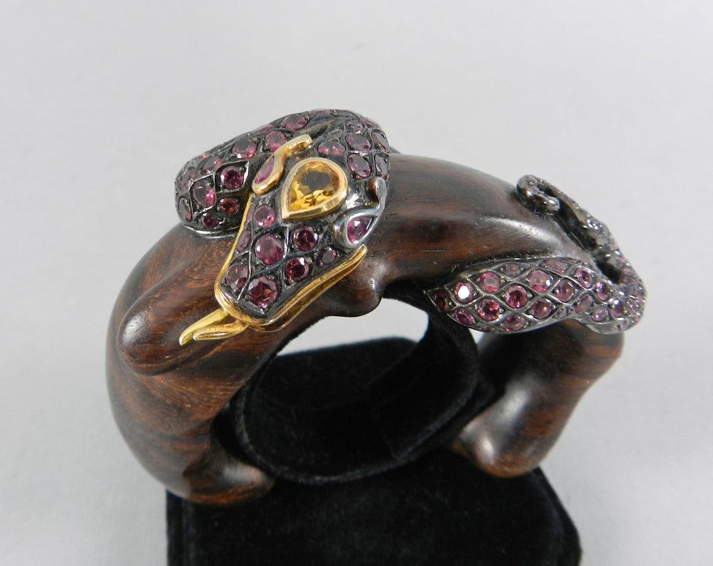 Lotus Arts de Vivre Gold, Pink Sapphire and Ebony Snake Cuff Bracelet