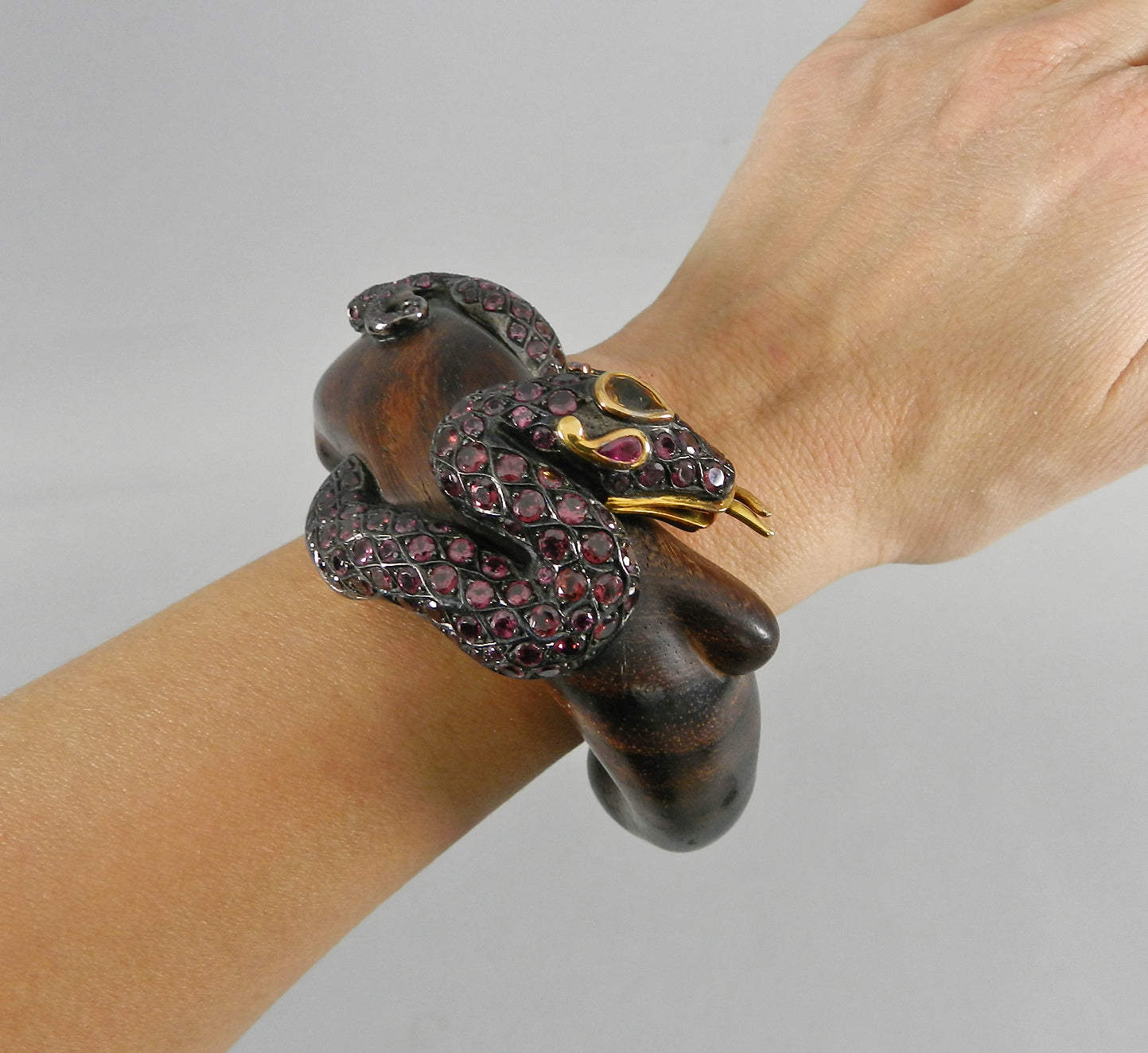 Lotus Arts de Vivre Gold, Pink Sapphire and Ebony Snake Cuff Bracelet