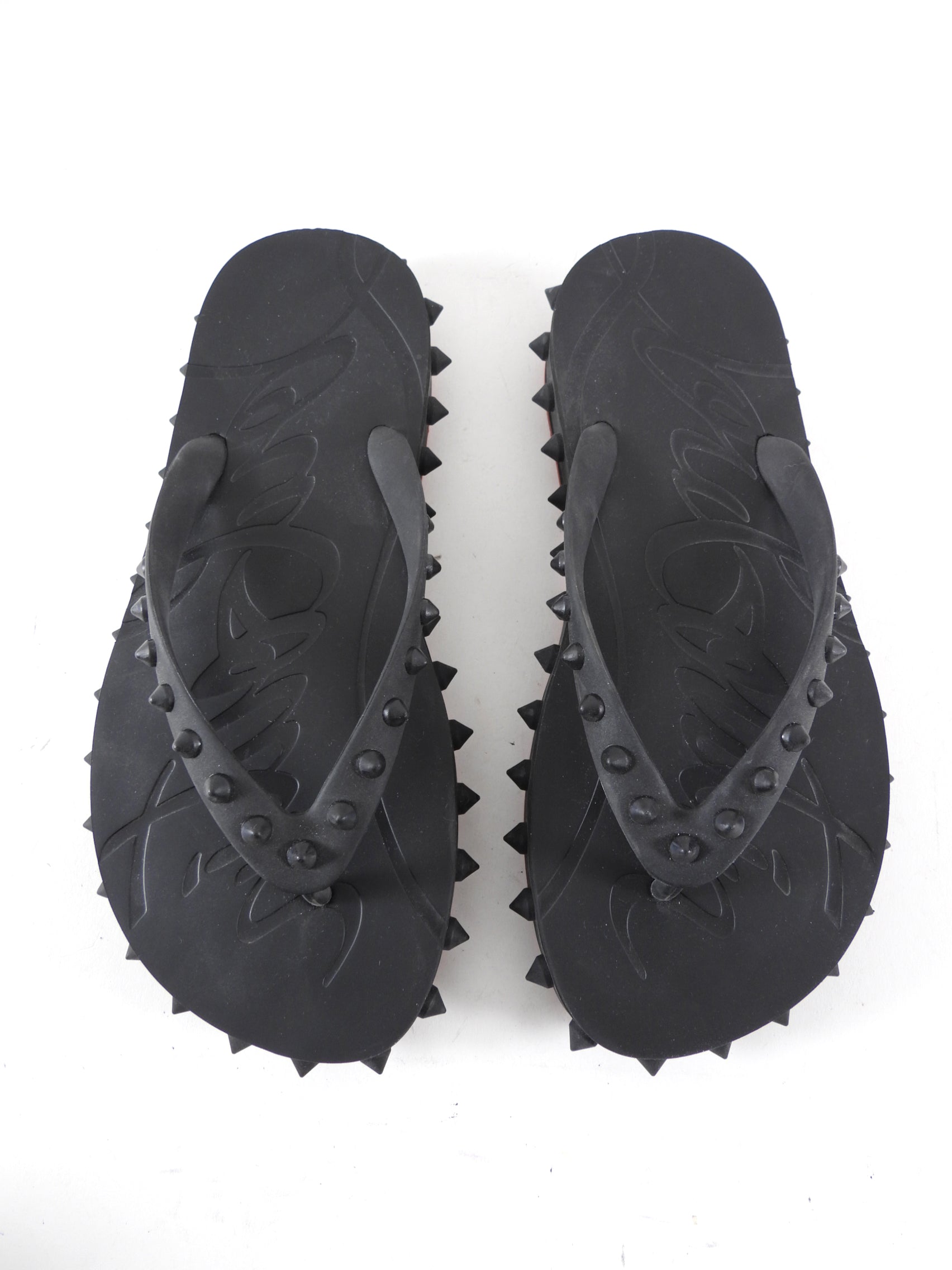 Christian Louboutin Black Flat Stud Rubber Thong Flip Flops - 37