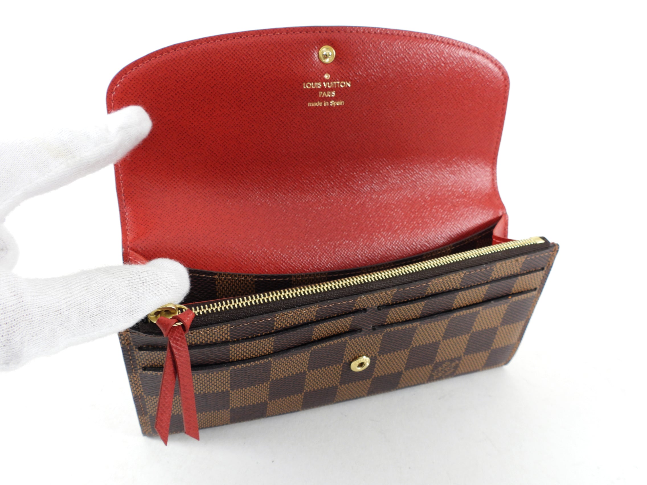 Louis Vuitton Damier Ebene Emilie Red Snap Wallet