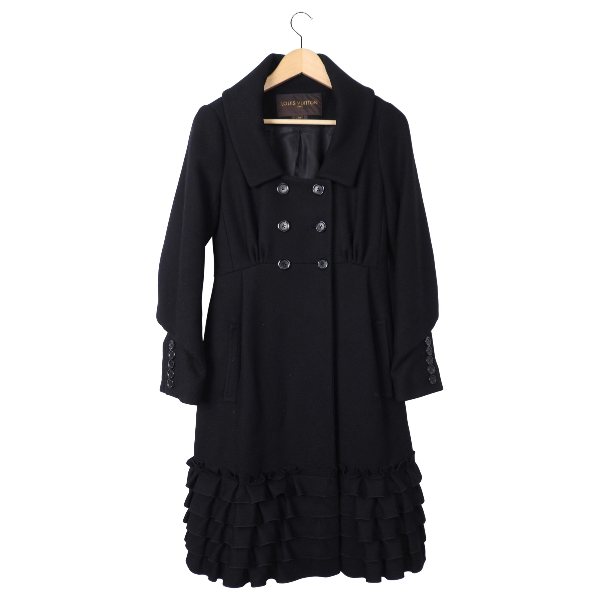 Louis Vuitton Marc Jacobs Black Wool Coat with Ruffle - FR40
