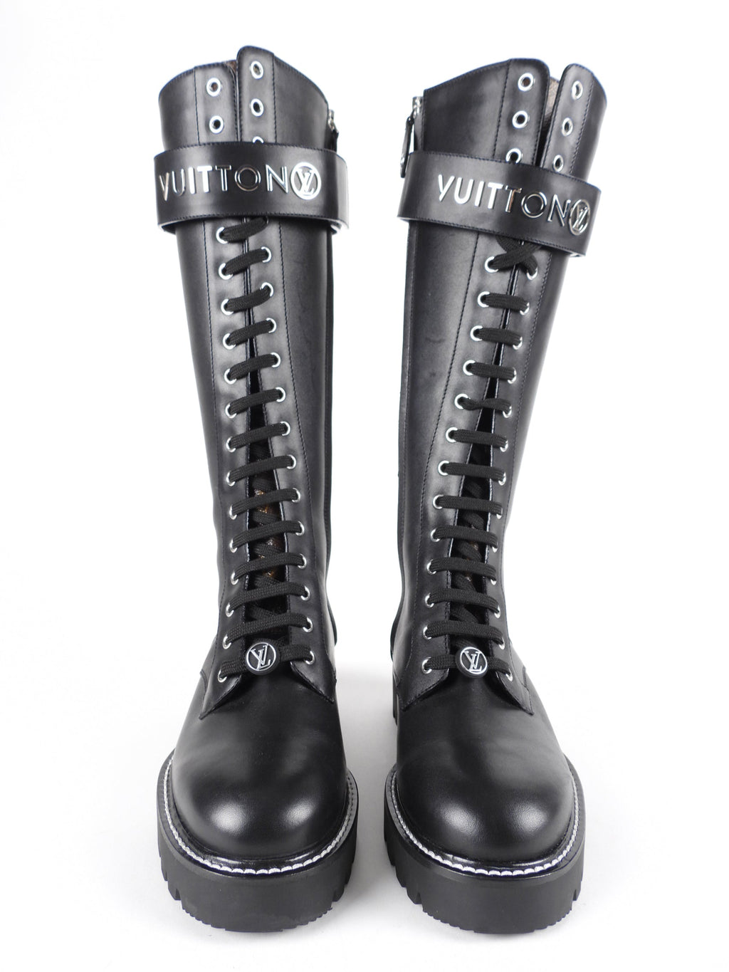 Louis Vuitton Black Leather and Monogram Territory Tall Lace Up Ranger Boot - 37 