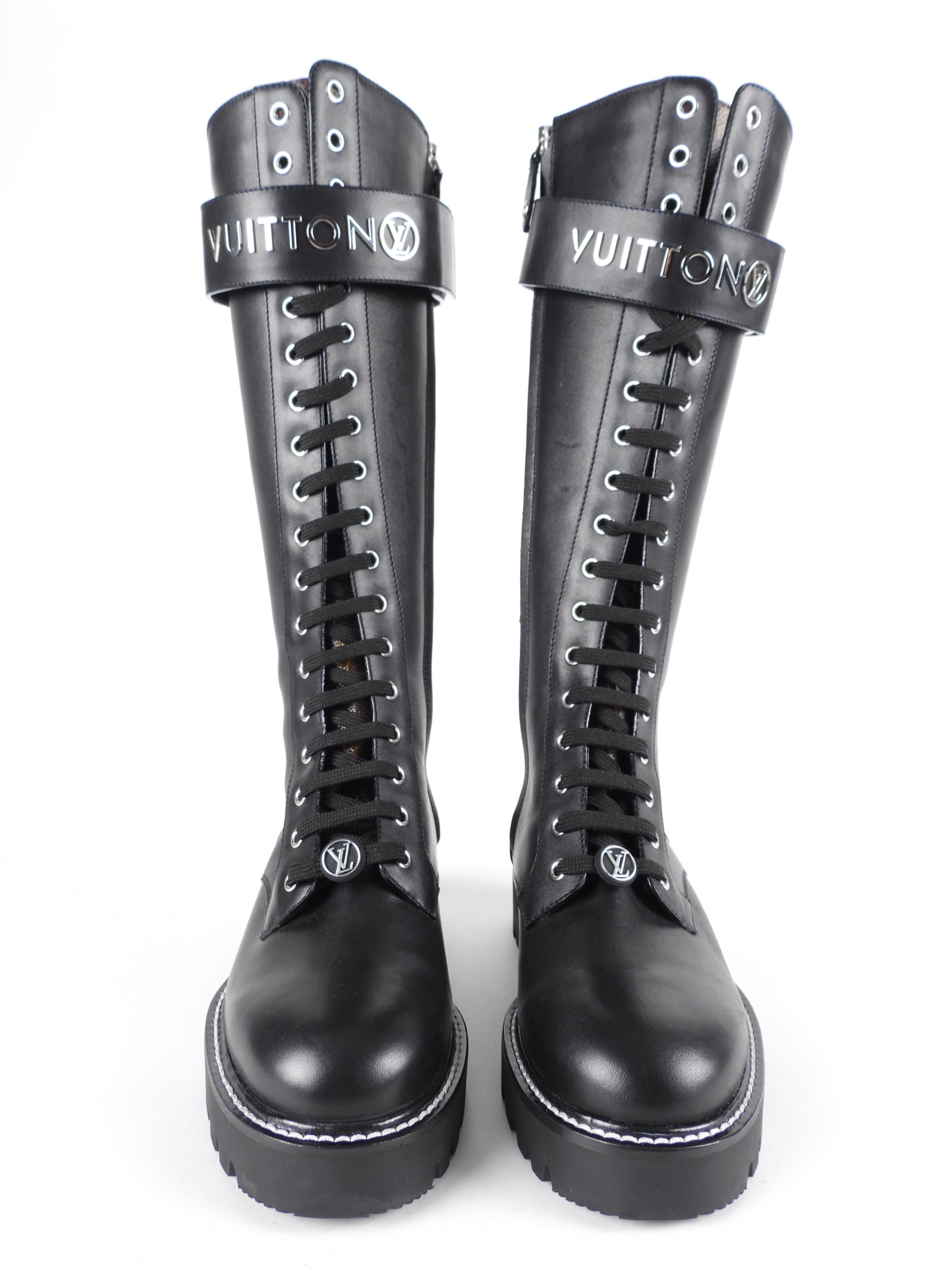 Louis Vuitton Black Leather and Monogram Territory Tall Lace Up Ranger Boot - 37 