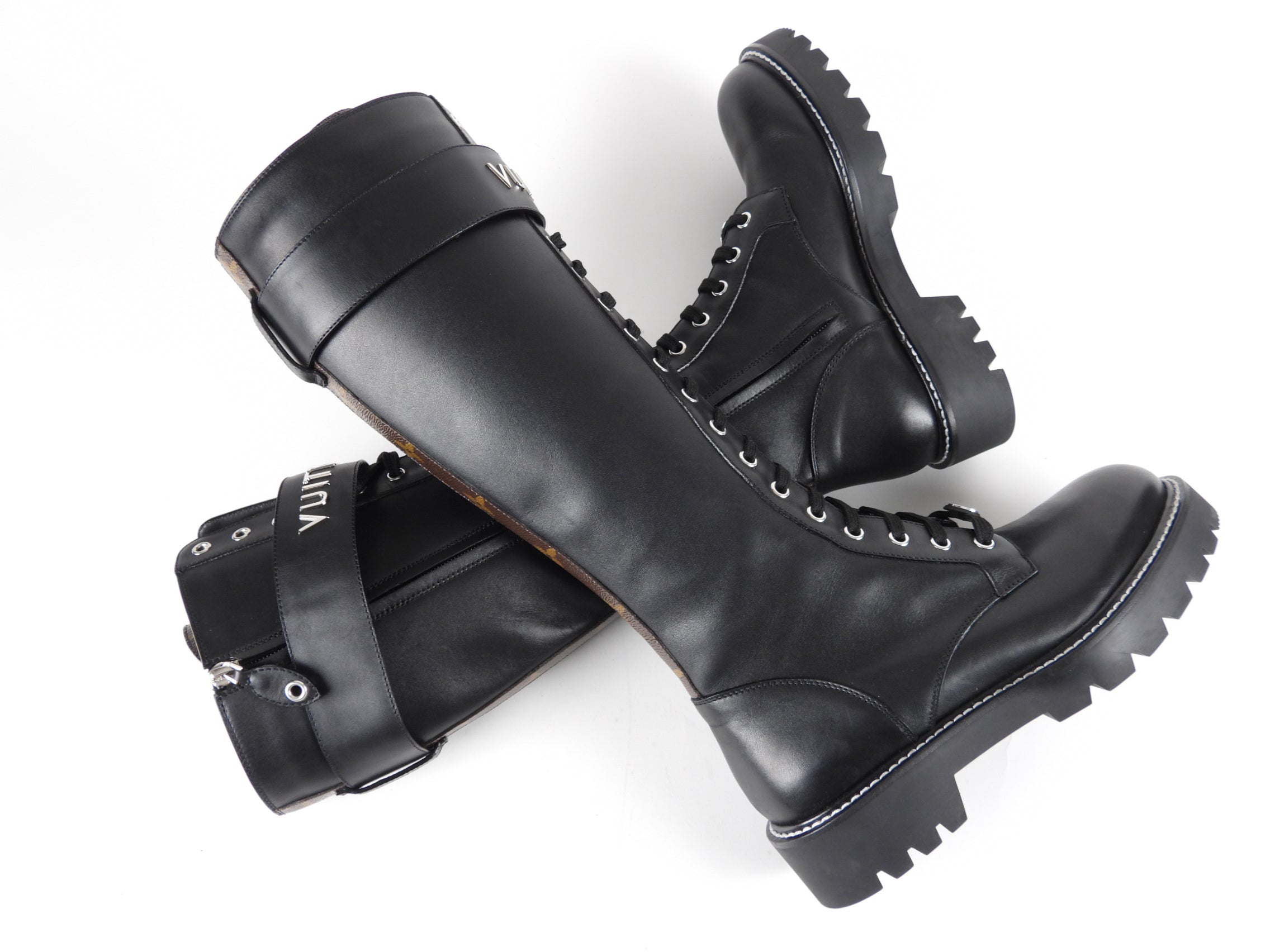 Louis Vuitton Black Leather and Monogram Territory Tall Lace Up Ranger Boot - 37 