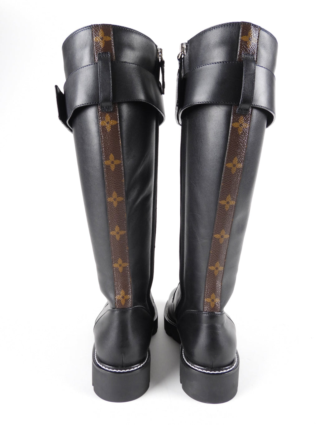 Louis Vuitton Black Leather and Monogram Territory Tall Lace Up Ranger Boot - 37 