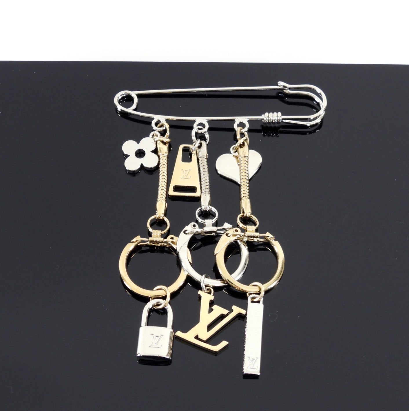 Louis Vuitton Silver and Gold Safety Pin Logo Charm Brooch