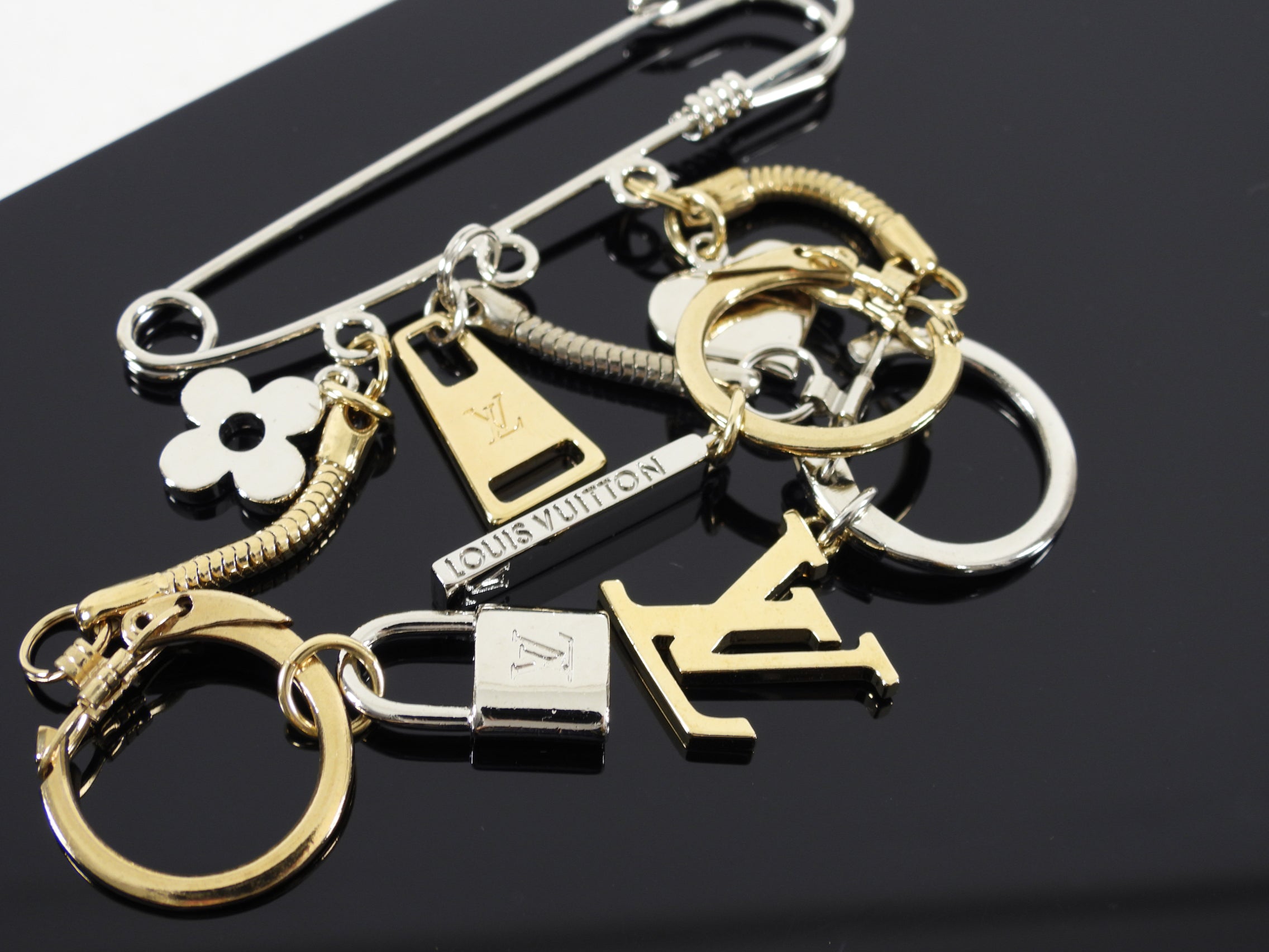 Louis Vuitton Silver and Gold Safety Pin Logo Charm Brooch