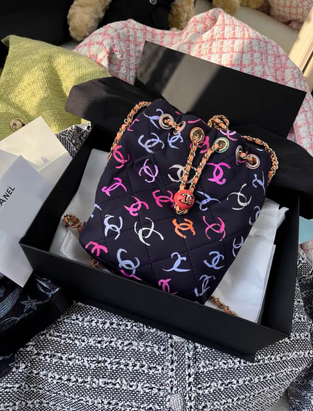 Chanel 24SS BACKPACK Printed Fabric & Gold-Tone Metal Black & Multicolor